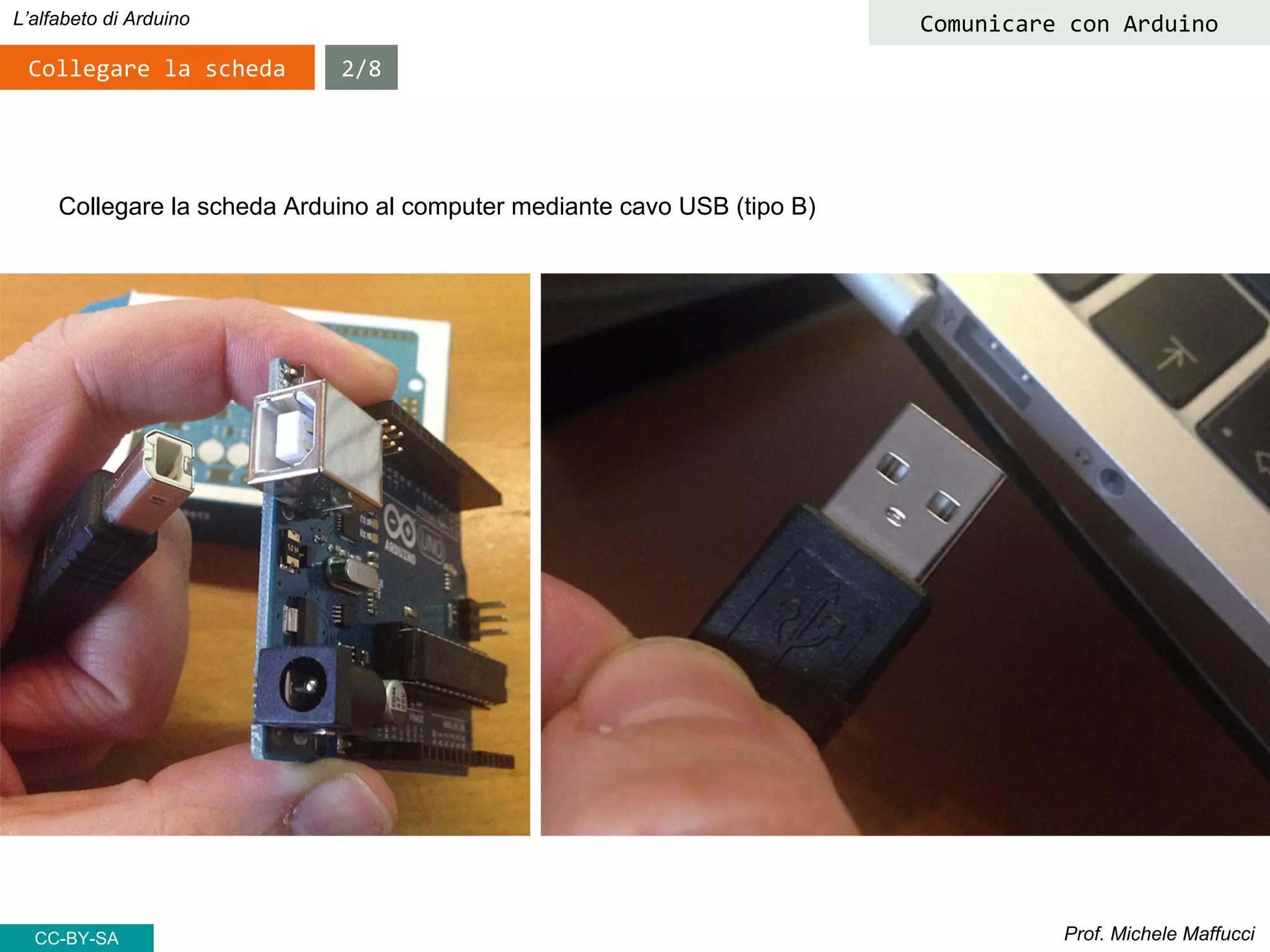 Prof. Michele Maffucci
L’alfabeto di Arduino
Collegare la scheda
Comunicare con Arduino
Collegare la scheda Arduino al computer mediante cavo USB (tipo B)
2/8
CC-BY-SA
 