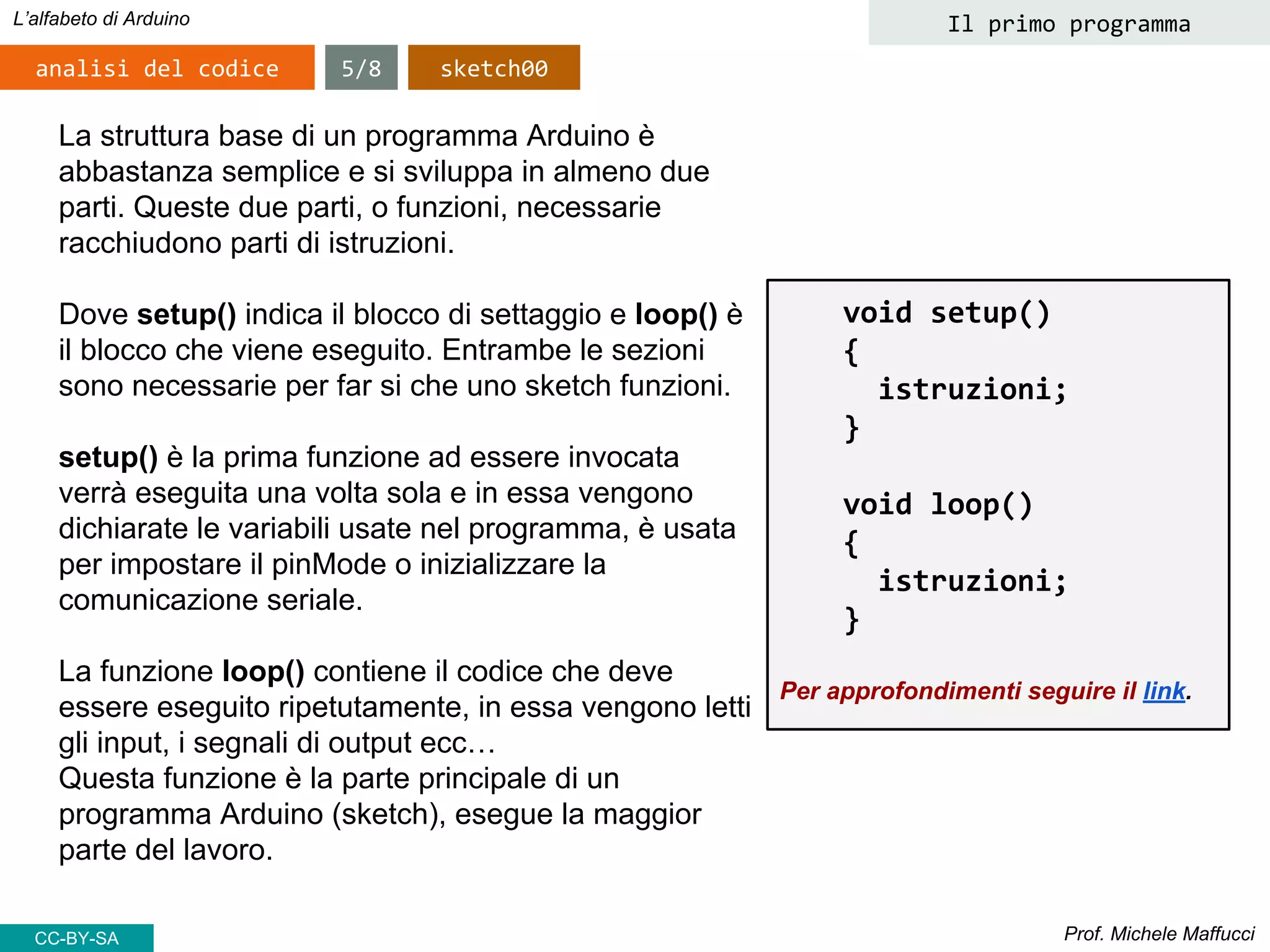 Prof. Michele Maffucci
L’alfabeto di Arduino
analisi del codice
void setup()
{
istruzioni;
}
void loop()
{
istruzioni;
}
Per approfondimenti seguire il link.
La struttura base di un programma Arduino è
abbastanza semplice e si sviluppa in almeno due
parti. Queste due parti, o funzioni, necessarie
racchiudono parti di istruzioni.
Dove setup() indica il blocco di settaggio e loop() è
il blocco che viene eseguito. Entrambe le sezioni
sono necessarie per far si che uno sketch funzioni.
setup() è la prima funzione ad essere invocata
verrà eseguita una volta sola e in essa vengono
dichiarate le variabili usate nel programma, è usata
per impostare il pinMode o inizializzare la
comunicazione seriale.
La funzione loop() contiene il codice che deve
essere eseguito ripetutamente, in essa vengono letti
gli input, i segnali di output ecc…
Questa funzione è la parte principale di un
programma Arduino (sketch), esegue la maggior
parte del lavoro.
5/8 sketch00
Il primo programma
CC-BY-SA
 