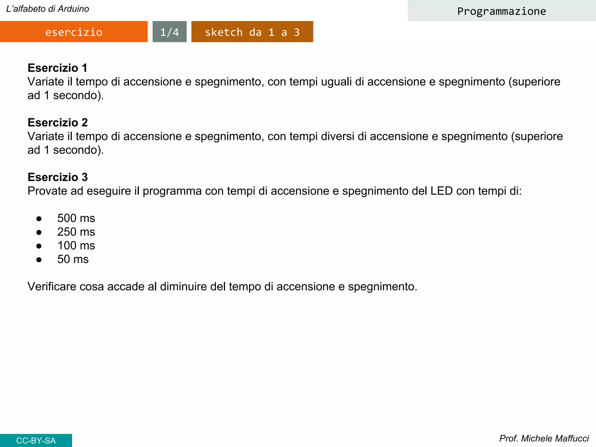 Prof. Michele Maffucci
L’alfabeto di Arduino
esercizio
Programmazione
Esercizio 1
Variate il tempo di accensione e spegnimento, con tempi uguali di accensione e spegnimento (superiore
ad 1 secondo).
Esercizio 2
Variate il tempo di accensione e spegnimento, con tempi diversi di accensione e spegnimento (superiore
ad 1 secondo).
Esercizio 3
Provate ad eseguire il programma con tempi di accensione e spegnimento del LED con tempi di:
● 500 ms
● 250 ms
● 100 ms
● 50 ms
Verificare cosa accade al diminuire del tempo di accensione e spegnimento.
1/4 sketch da 1 a 3
CC-BY-SA
 