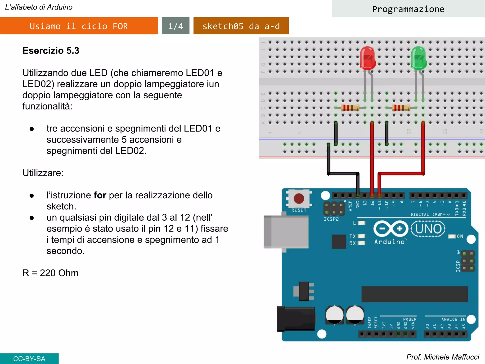 Prof. Michele Maffucci
L’alfabeto di Arduino
Usiamo il ciclo FOR
Programmazione
Esercizio 5.3
Utilizzando due LED (che chiameremo LED01 e
LED02) realizzare un doppio lampeggiatore iun
doppio lampeggiatore con la seguente
funzionalità:
● tre accensioni e spegnimenti del LED01 e
successivamente 5 accensioni e
spegnimenti del LED02.
Utilizzare:
● l’istruzione for per la realizzazione dello
sketch.
● un qualsiasi pin digitale dal 3 al 12 (nell’
esempio è stato usato il pin 12 e 11) fissare
i tempi di accensione e spegnimento ad 1
secondo.
R = 220 Ohm
1/4 sketch05 da a-d
CC-BY-SA
 