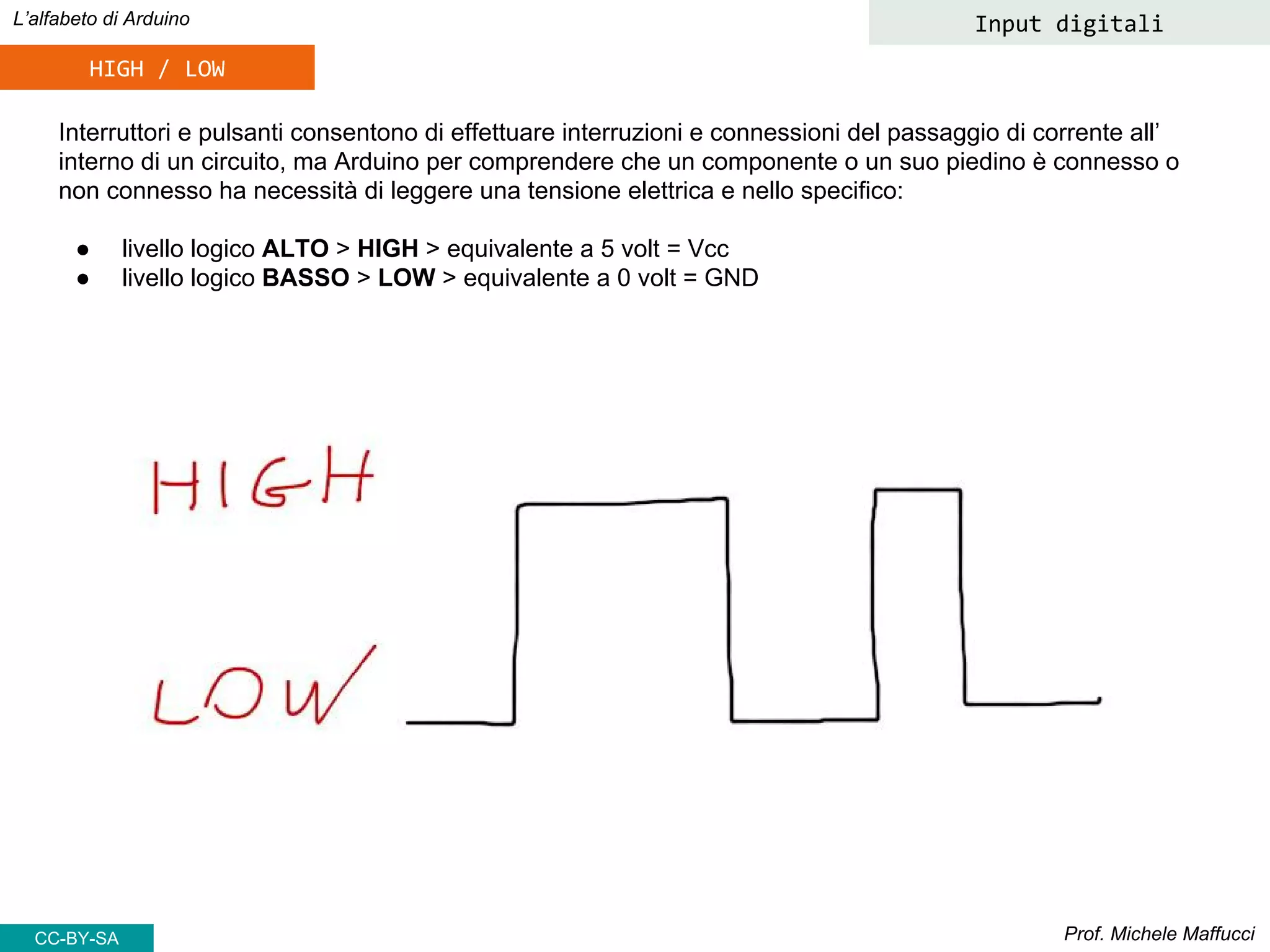 Prof. Michele Maffucci
L’alfabeto di Arduino Input digitali
Interruttori e pulsanti consentono di effettuare interruzioni e connessioni del passaggio di corrente all’
interno di un circuito, ma Arduino per comprendere che un componente o un suo piedino è connesso o
non connesso ha necessità di leggere una tensione elettrica e nello specifico:
● livello logico ALTO > HIGH > equivalente a 5 volt = Vcc
● livello logico BASSO > LOW > equivalente a 0 volt = GND
HIGH / LOW
CC-BY-SA
 