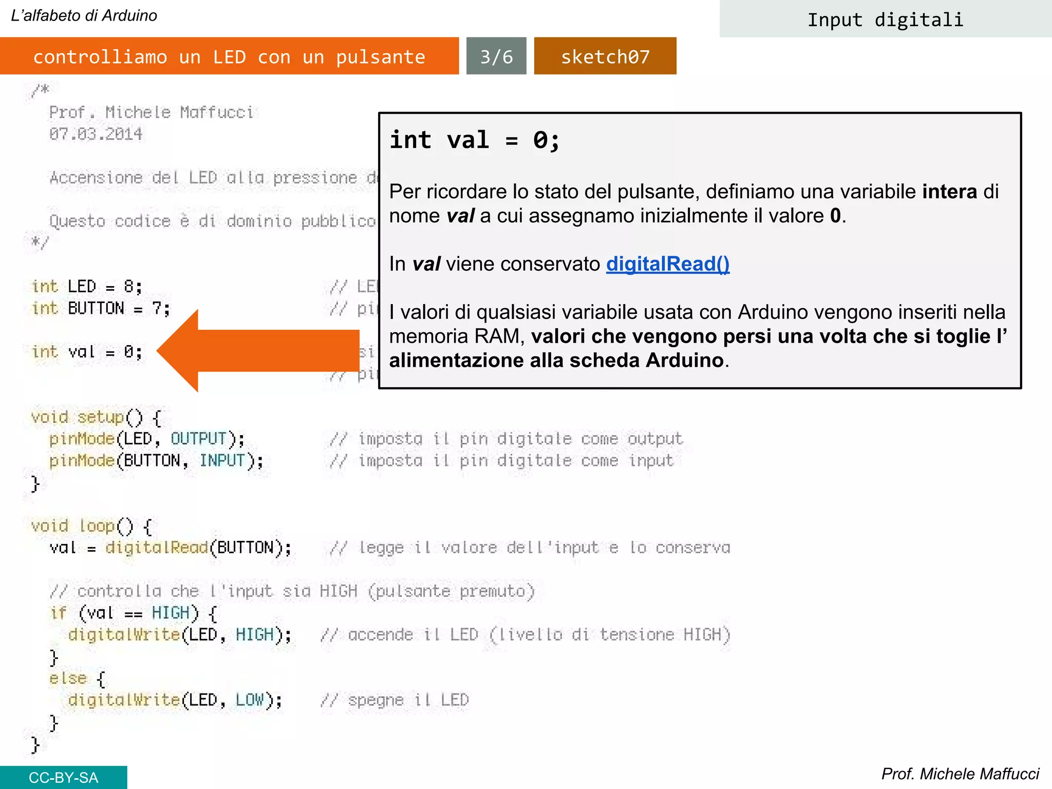 Prof. Michele Maffucci
L’alfabeto di Arduino Input digitali
controlliamo un LED con un pulsante
int val = 0;
Per ricordare lo stato del pulsante, definiamo una variabile intera di
nome val a cui assegnamo inizialmente il valore 0.
In val viene conservato digitalRead()
I valori di qualsiasi variabile usata con Arduino vengono inseriti nella
memoria RAM, valori che vengono persi una volta che si toglie l’
alimentazione alla scheda Arduino.
3/6 sketch07
CC-BY-SA
 