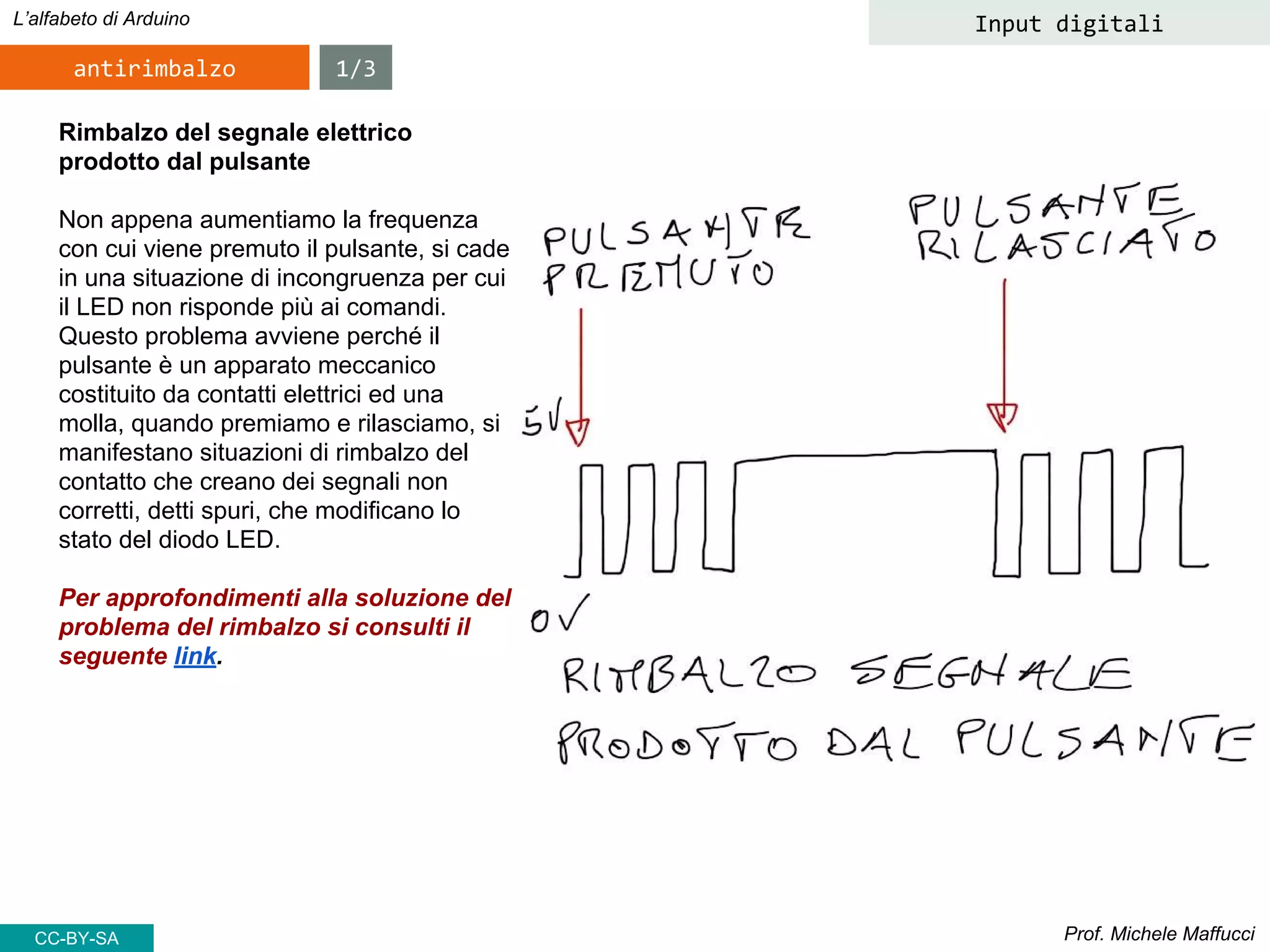 Prof. Michele Maffucci
L’alfabeto di Arduino Input digitali
antirimbalzo
Rimbalzo del segnale elettrico
prodotto dal pulsante
Non appena aumentiamo la frequenza
con cui viene premuto il pulsante, si cade
in una situazione di incongruenza per cui
il LED non risponde più ai comandi.
Questo problema avviene perché il
pulsante è un apparato meccanico
costituito da contatti elettrici ed una
molla, quando premiamo e rilasciamo, si
manifestano situazioni di rimbalzo del
contatto che creano dei segnali non
corretti, detti spuri, che modificano lo
stato del diodo LED.
Per approfondimenti alla soluzione del
problema del rimbalzo si consulti il
seguente link.
1/3
CC-BY-SA
 