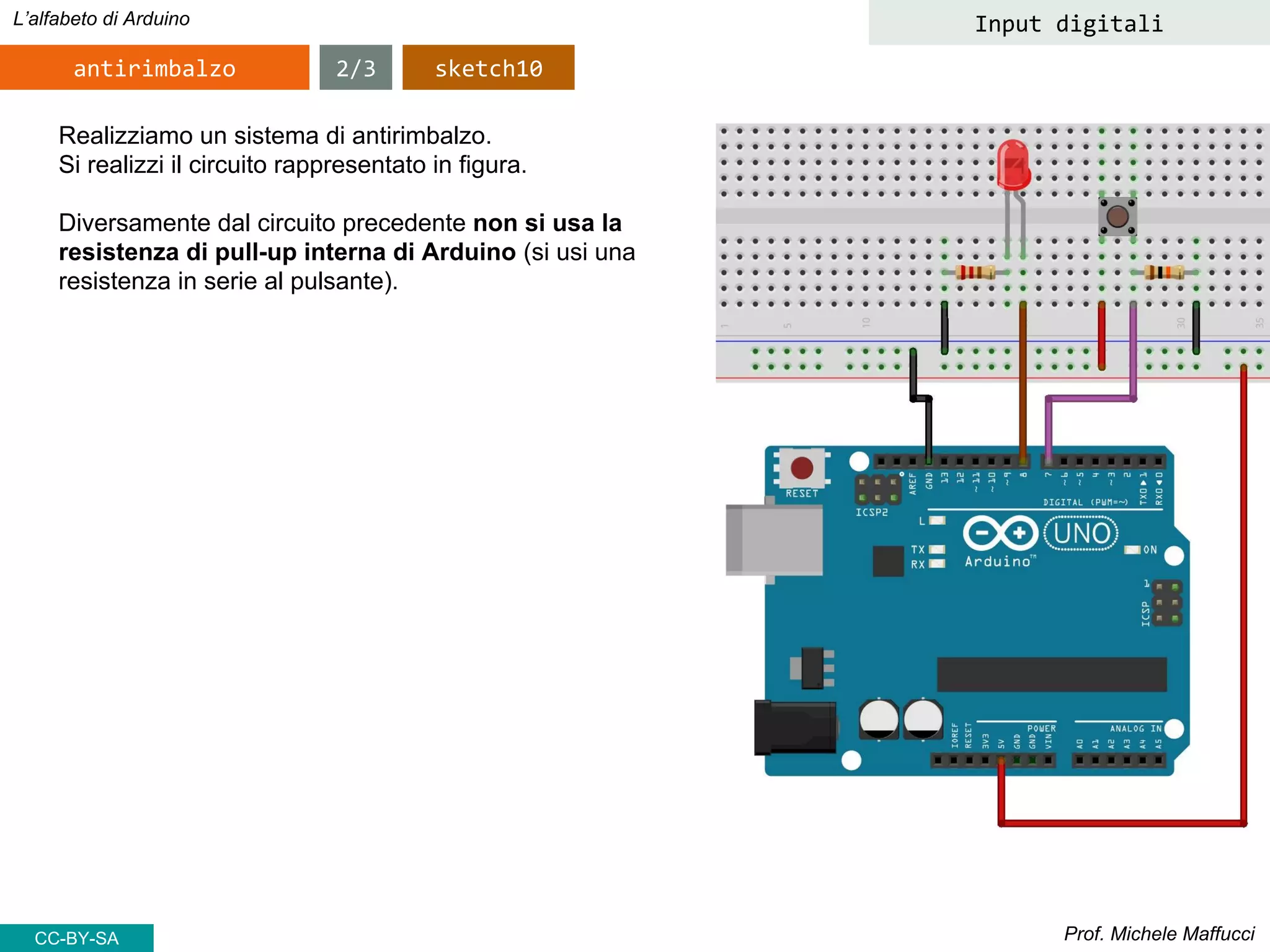 Prof. Michele Maffucci
L’alfabeto di Arduino Input digitali
antirimbalzo 2/3 sketch10
Realizziamo un sistema di antirimbalzo.
Si realizzi il circuito rappresentato in figura.
Diversamente dal circuito precedente non si usa la
resistenza di pull-up interna di Arduino (si usi una
resistenza in serie al pulsante).
CC-BY-SA
 
