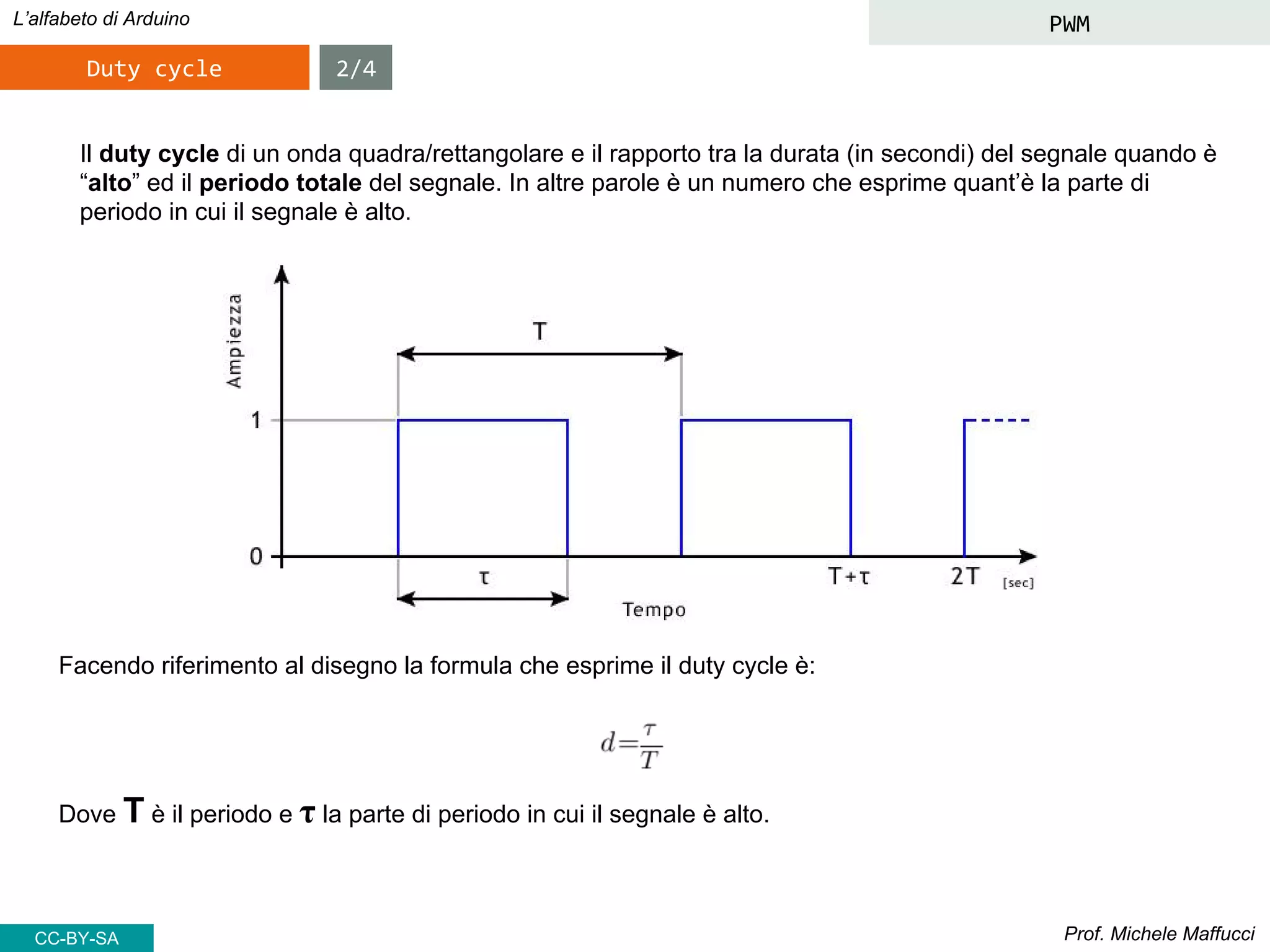 Prof. Michele Maffucci
L’alfabeto di Arduino PWM
Duty cycle
Facendo riferimento al disegno la formula che esprime il duty cycle è:
Il duty cycle di un onda quadra/rettangolare e il rapporto tra la durata (in secondi) del segnale quando è
“alto” ed il periodo totale del segnale. In altre parole è un numero che esprime quant’è la parte di
periodo in cui il segnale è alto.
Dove T è il periodo e τ la parte di periodo in cui il segnale è alto.
2/4
CC-BY-SA
 
