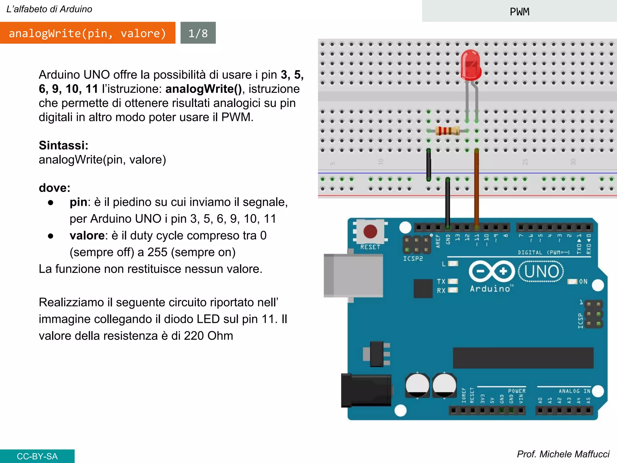Prof. Michele Maffucci
L’alfabeto di Arduino PWM
analogWrite(pin, valore)
Arduino UNO offre la possibilità di usare i pin 3, 5,
6, 9, 10, 11 l’istruzione: analogWrite(), istruzione
che permette di ottenere risultati analogici su pin
digitali in altro modo poter usare il PWM.
Sintassi:
analogWrite(pin, valore)
dove:
● pin: è il piedino su cui inviamo il segnale,
per Arduino UNO i pin 3, 5, 6, 9, 10, 11
● valore: è il duty cycle compreso tra 0
(sempre off) a 255 (sempre on)
La funzione non restituisce nessun valore.
Realizziamo il seguente circuito riportato nell’
immagine collegando il diodo LED sul pin 11. Il
valore della resistenza è di 220 Ohm
1/8
CC-BY-SA
 