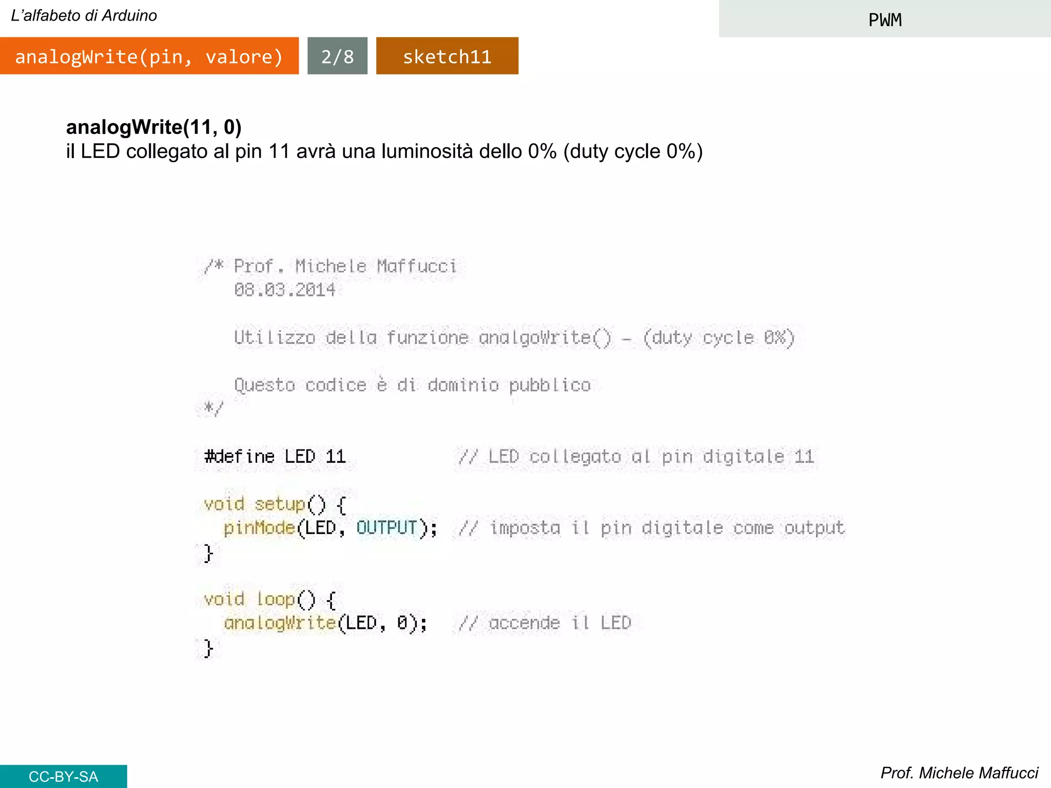 Prof. Michele Maffucci
L’alfabeto di Arduino PWM
analogWrite(pin, valore)
analogWrite(11, 0)
il LED collegato al pin 11 avrà una luminosità dello 0% (duty cycle 0%)
sketch112/8
CC-BY-SA
 