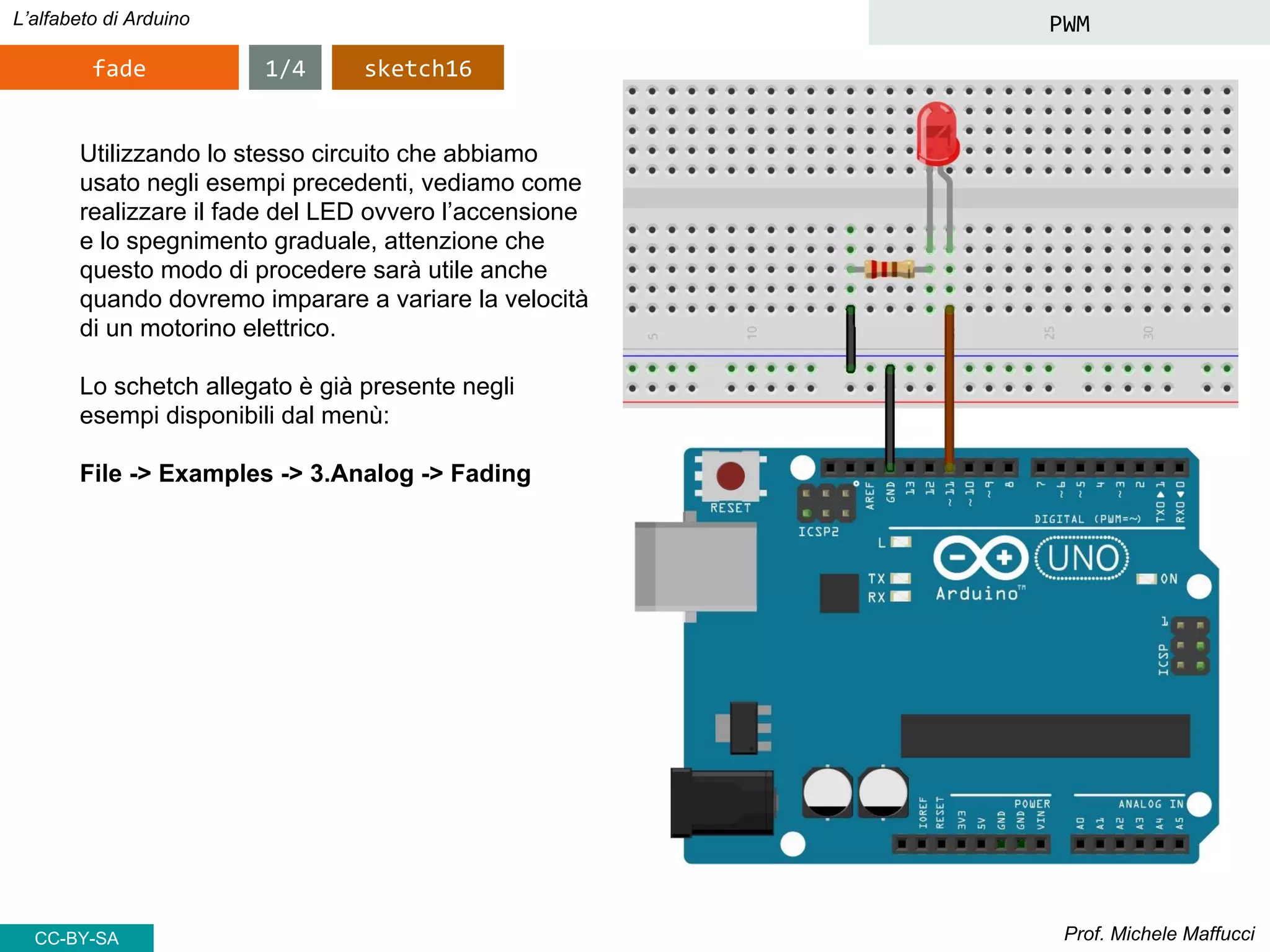Prof. Michele Maffucci
L’alfabeto di Arduino PWM
fade
Utilizzando lo stesso circuito che abbiamo
usato negli esempi precedenti, vediamo come
realizzare il fade del LED ovvero l’accensione
e lo spegnimento graduale, attenzione che
questo modo di procedere sarà utile anche
quando dovremo imparare a variare la velocità
di un motorino elettrico.
Lo schetch allegato è già presente negli
esempi disponibili dal menù:
File -> Examples -> 3.Analog -> Fading
1/4 sketch16
CC-BY-SA
 