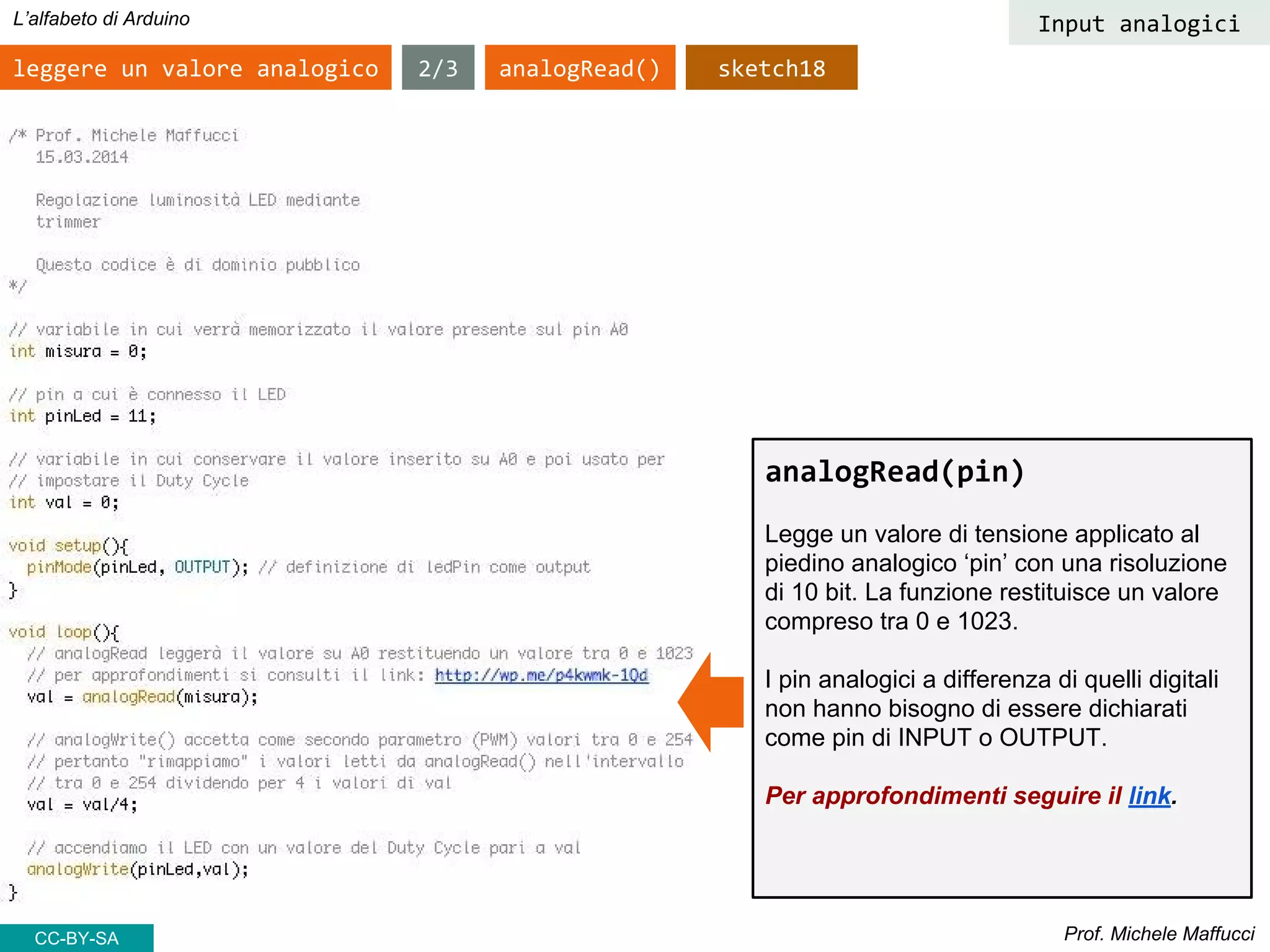Prof. Michele Maffucci
L’alfabeto di Arduino
leggere un valore analogico
CC-BY-SA
Input analogici
analogRead(pin)
Legge un valore di tensione applicato al
piedino analogico ‘pin’ con una risoluzione
di 10 bit. La funzione restituisce un valore
compreso tra 0 e 1023.
I pin analogici a differenza di quelli digitali
non hanno bisogno di essere dichiarati
come pin di INPUT o OUTPUT.
Per approfondimenti seguire il link.
sketch18analogRead()2/3
 
