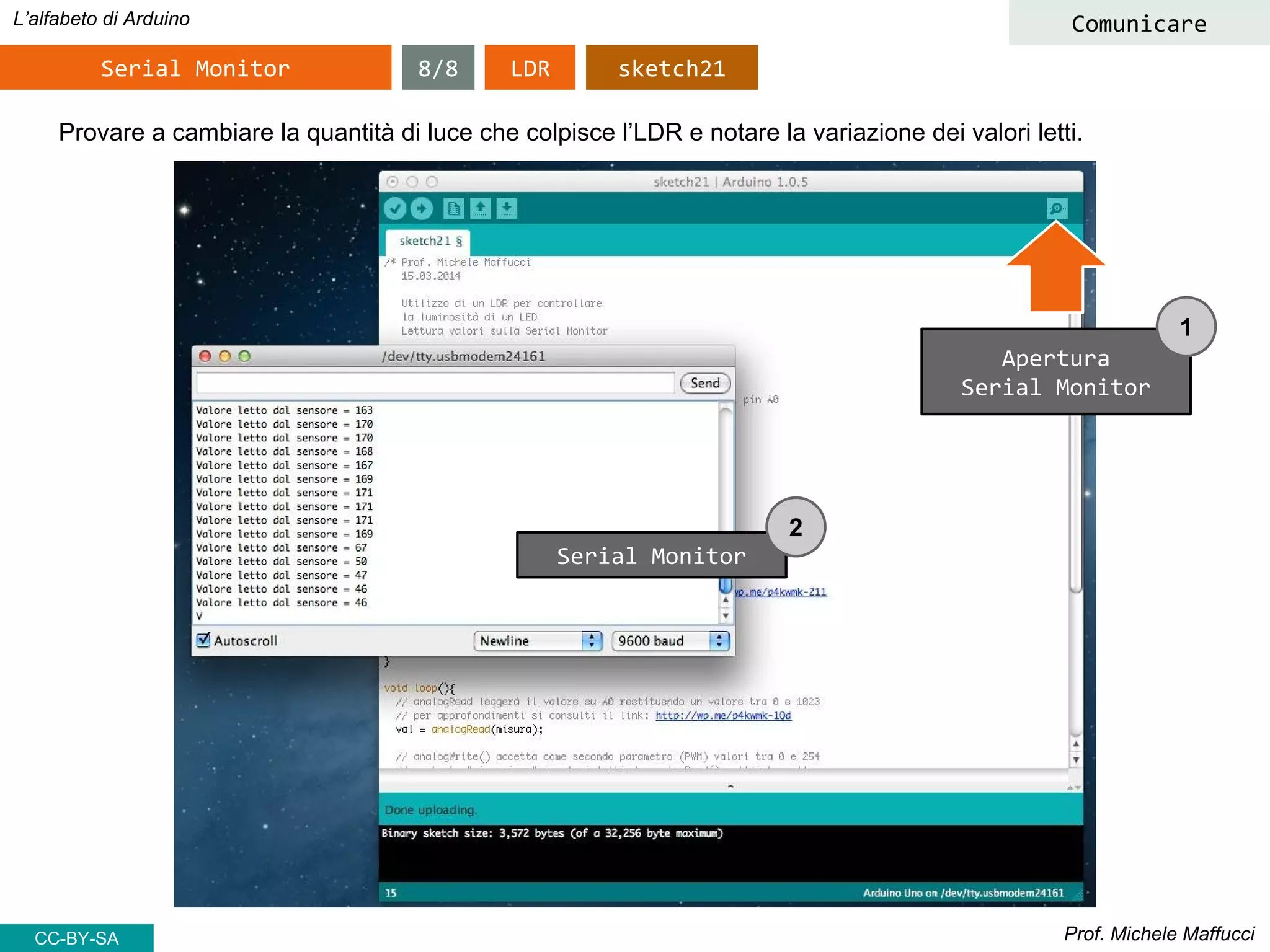 Prof. Michele Maffucci
L’alfabeto di Arduino
Serial Monitor
CC-BY-SA
Comunicare
LDR sketch21
Apertura
Serial Monitor
Serial Monitor
1
2
Provare a cambiare la quantità di luce che colpisce l’LDR e notare la variazione dei valori letti.
8/8
 