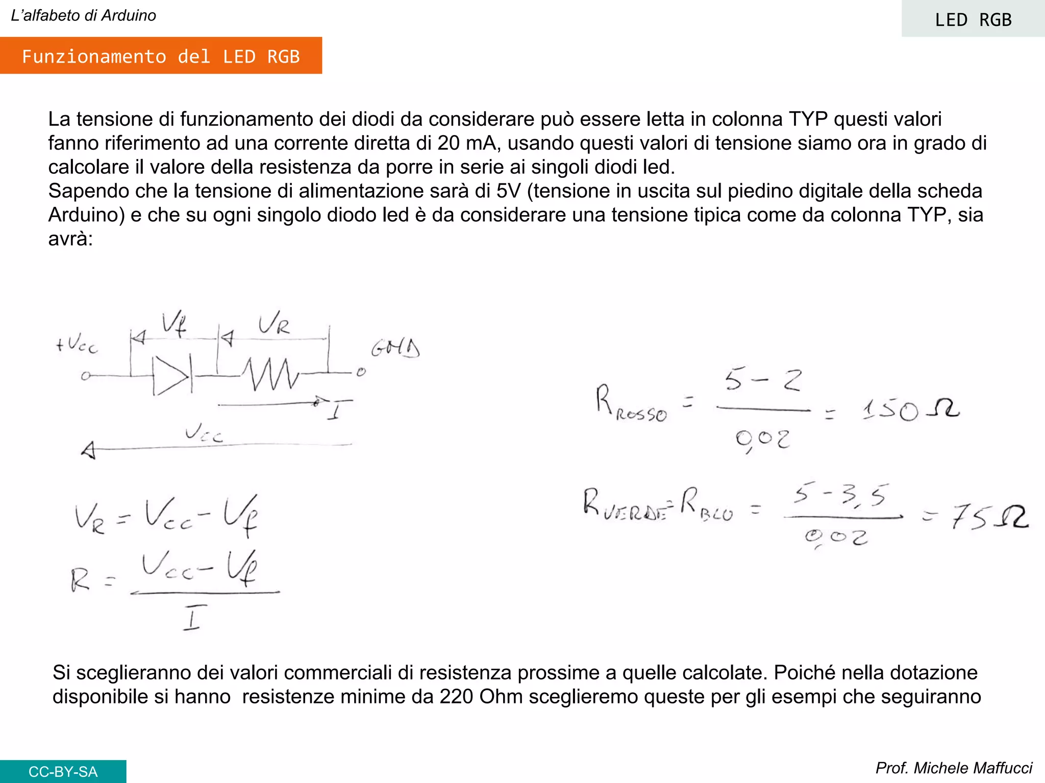 Prof. Michele Maffucci
L’alfabeto di Arduino LED RGB
CC-BY-SA
La tensione di funzionamento dei diodi da considerare può essere letta in colonna TYP questi valori
fanno riferimento ad una corrente diretta di 20 mA, usando questi valori di tensione siamo ora in grado di
calcolare il valore della resistenza da porre in serie ai singoli diodi led.
Sapendo che la tensione di alimentazione sarà di 5V (tensione in uscita sul piedino digitale della scheda
Arduino) e che su ogni singolo diodo led è da considerare una tensione tipica come da colonna TYP, sia
avrà:
Funzionamento del LED RGB
Si sceglieranno dei valori commerciali di resistenza prossime a quelle calcolate. Poiché nella dotazione
disponibile si hanno resistenze minime da 220 Ohm sceglieremo queste per gli esempi che seguiranno
 