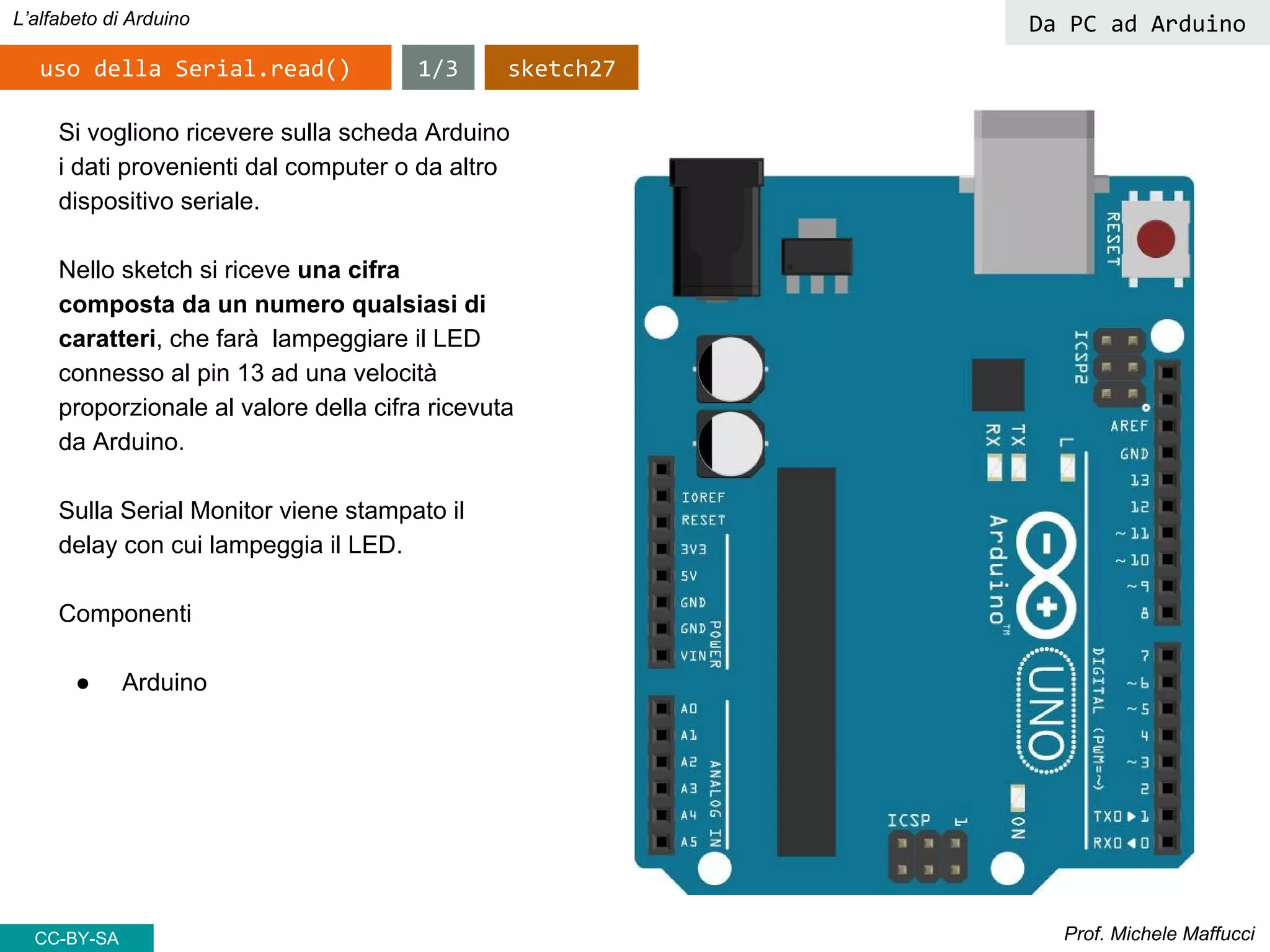 Prof. Michele Maffucci
L’alfabeto di Arduino
CC-BY-SA
1/3uso della Serial.read() sketch27
Da PC ad Arduino
Si vogliono ricevere sulla scheda Arduino
i dati provenienti dal computer o da altro
dispositivo seriale.
Nello sketch si riceve una cifra
composta da un numero qualsiasi di
caratteri, che farà lampeggiare il LED
connesso al pin 13 ad una velocità
proporzionale al valore della cifra ricevuta
da Arduino.
Sulla Serial Monitor viene stampato il
delay con cui lampeggia il LED.
Componenti
● Arduino
 