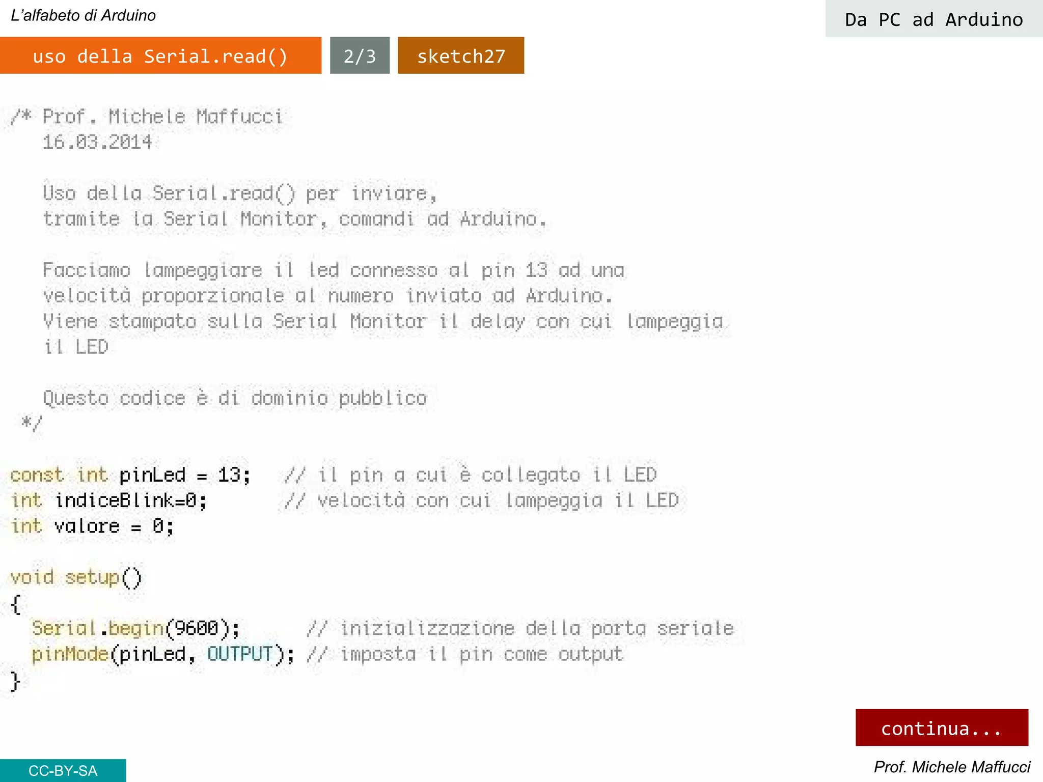 Prof. Michele Maffucci
L’alfabeto di Arduino
CC-BY-SA
2/3uso della Serial.read() sketch27
Da PC ad Arduino
continua...
 