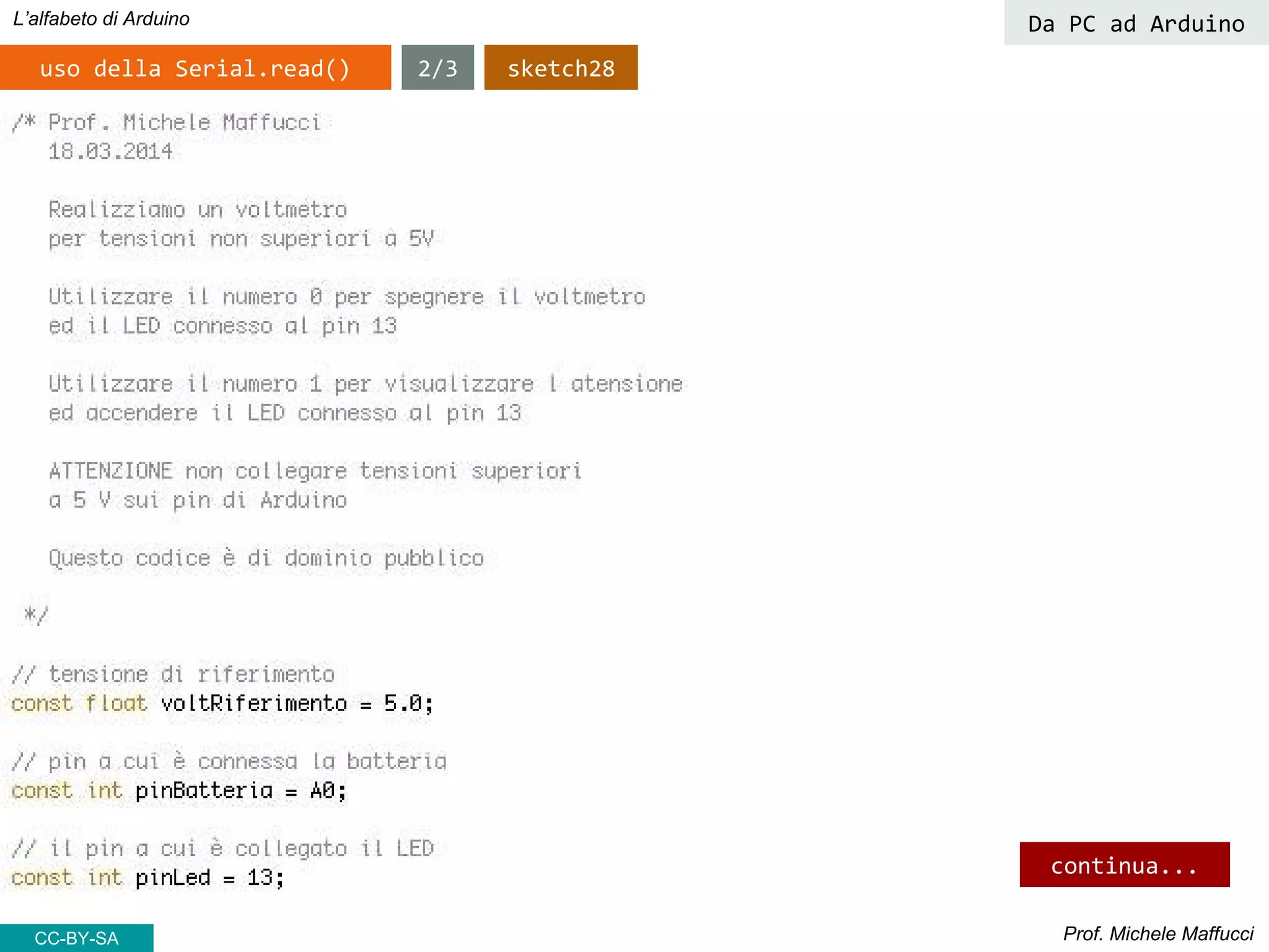 Prof. Michele Maffucci
L’alfabeto di Arduino
CC-BY-SA
2/3uso della Serial.read()
Da PC ad Arduino
continua...
sketch28
 