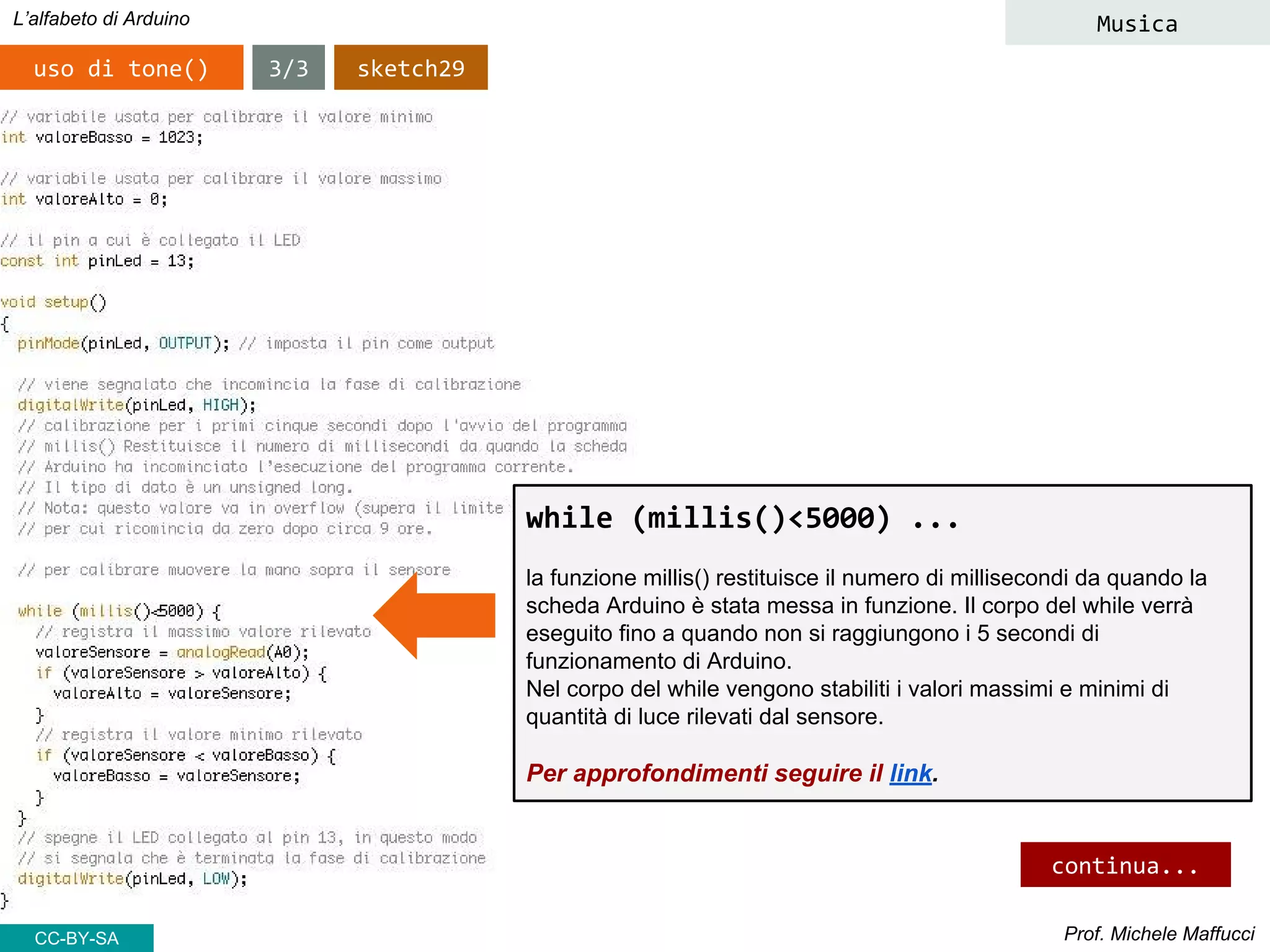 Prof. Michele Maffucci
L’alfabeto di Arduino
CC-BY-SA
continua...
while (millis()<5000) ...
la funzione millis() restituisce il numero di millisecondi da quando la
scheda Arduino è stata messa in funzione. Il corpo del while verrà
eseguito fino a quando non si raggiungono i 5 secondi di
funzionamento di Arduino.
Nel corpo del while vengono stabiliti i valori massimi e minimi di
quantità di luce rilevati dal sensore.
Per approfondimenti seguire il link.
3/3uso di tone() sketch29
Musica
 