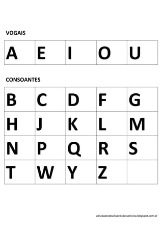 VOGAIS



A E          I    O U
CONSOANTES



B        C   D    F G
H        J   K    L M
N        P   Q    R S
T        W   Y    Z
                 Atividadesdealfabetiçãoluzdivina.blogspot.com.br
 
