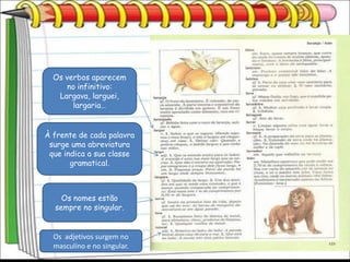 Os verbos aparecem
     no infinitivo:
   Largava, larguei,
       largaria…


À frente de cada palavra
 surge uma abreviatura
 que indica a sua classe
       gramatical.



    Os nomes estão
  sempre no singular.


  Os adjetivos surgem no
  masculino e no singular.
 