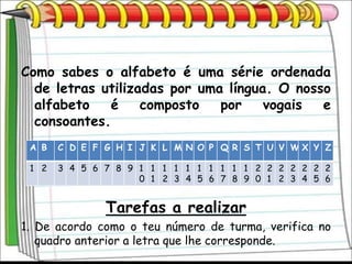 Como sabes o alfabeto é uma série ordenada
  de letras utilizadas por uma língua. O nosso
  alfabeto   é     composto   por    vogais  e
  consoantes.
 A B   C D E F G H I J K L M N O P Q R S T U V WX Y Z

 1 2   3 4 5 6 7 8 9 1 1 1 1 1 1 1 1 1 1 2 2 2 2 2 2 2
                     0 1 2 3 4 5 6 7 8 9 0 1 2 3 4 5 6


               Tarefas a realizar
1. De acordo como o teu número de turma, verifica no
   quadro anterior a letra que lhe corresponde.
 