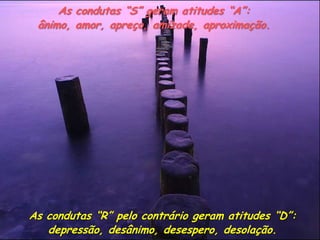 As condutas “S” geram atitudes “A”:
 ânimo, amor, apreço, amizade, aproximação.




As condutas “R” pelo contrário geram atitudes “D”:
   depressão, desânimo, desespero, desolação.
 