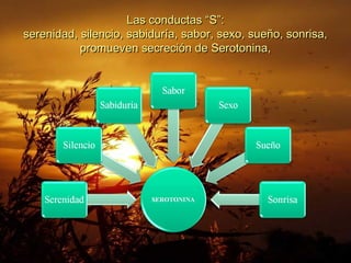 Las conductas “S”:Las conductas “S”:
serenidad, silencio, sabiduría, sabor, sexo, sueño, sonrisa,serenidad, silencio, sabiduría, sabor, sexo, sueño, sonrisa,
promueven secreción de Serotonina,promueven secreción de Serotonina,
 