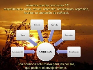 ……mientras que las conductas “R”:mientras que las conductas “R”:
resentimiento, rabia, rencor, reproche, resistencias, represión,resentimiento, rabia, rencor, reproche, resistencias, represión,
facilitan la secreción de coRtisol,facilitan la secreción de coRtisol,
una hormona coRRosiva para las células,una hormona coRRosiva para las células,
que acelera el envejecimiento.que acelera el envejecimiento.
 