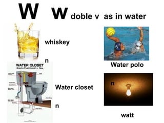 W  w   doble v  as in water watt n Water polo n Water closet n whiskey n 
