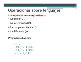 Operaciones sobre lenguajes
Las operaciones conjuntistas:
• La unión (U).
• La intersección (∩).
• La complementación (c).
• La diferencia (-).• La diferencia (-).
Propiedades básicas:
▫ (Lc)c = L
▫ (L1 U L2)c = L1
c ∩ L2
c
▫ (L1 ∩ L2)c = L1
c U L2
c
▫ L1 - L2 = L1 ∩ L2
c
 