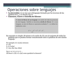 La inversión: no es mas que el lenguajes formado por los inversos de las
palabras de L, y se denota con LR
Clausura, Cierre o Estrella de Kleene:
Operaciones sobre lenguajes
Su concepto es simple: El mismo es la unión de {λ} con el conjunto de todas las
palabras que se pueden formar concatenando entre sí palabras de este mismo
lenguaje.
Por ejemplo si L={a,ba} entonces
L0={λ}
L1=L={a,ba}
L2={aa, aba, baa, baba}
…
Así L*=L0 U L1 U L2 U …
¿Si fuese L={b} o L={aa} como quedaría la clausura?
 