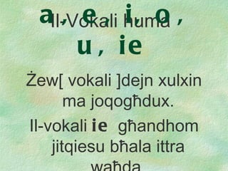Il-Vokali huma  a, e, i, o, u, ie Ż ew[  vokali  ] dejn xulxin ma joqog ħ dux . Il-vokali  ie  g ħ andhom jitqiesu b ħ ala ittra wa ħ da. 