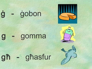 g  -  gomma g ħ   -  g ħ asfur ġ   -  ġ obon 