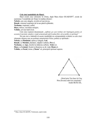 Cele cinci modalităţi ale fiinţei.
Dacă există cinci elemente în China, după Marc-Alain OUAKNIN60
, există de
asemenea 5 modalităţi ale fiinţei în tradiţia ebraică :
Nefech, care este sângele, nivelul cel mai de jos,
Rouah, sistemul respirator de la nas până la plămâni,
Nechama, respiraţia, suflul,
Haya, trăirea, circulaţia energiei,
Yehida, cel mai înalt nivel.
Cele cinci expresii desemnează „sufletul, pe care trebuie să-l înţelegem pentru că
aceasta îi permite omului o viaţă armonizată atât în plan fizic cât şi psihic şi spiritual.”
Nu este nici o îndoială că aceste modalităţi au corespondenţe evidente cu cele cinci
elemente chineze care au aceleaşi caracteristici fizice, psihice şi spirituale :
Nefech, cu Pământul, splina şi sângele, I-ul,
Rouah, cu Metalul, plamânii, stăpânii suflului, Pro-ul,
Nechama, cu Apa, rinichii la rădăcina suflului, Tchre-ul,
Haya, cu Lemnul, ficatul şi dinamica sa de viaţă, Roun-ul,
Yehida, cu Focul, inima „Chenn”-ul, principiul spiritual suprem.
„Doiul prin Trei duce la Unu
Prin elevarea stării de conştiinţă.”
André BUSCAIL.
60
Marc-Alain OUAKNIN, Tsimtsoum, operă citată.
110
 