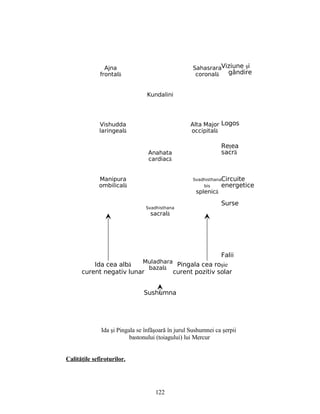 Ida şi Pingala se înfăşoară în jurul Sushumnei ca şerpii
bastonului (toiagului) lui Mercur
Calităţile sefiroturilor.
122
Ajna
frontală
Sahasrara
coronală
Vishudda
laringeală
Alta Major
occipitală
Anahata
cardiacă
Manipura
ombilicală
Svadhisthana
sacrală
Muladhara
bazală
Kundalini
Svadhisthana
bis
splenică
Viziune şi
gândire
Logos
Reţea
sacră
Circuite
energetice
Surse
Falii
Ida cea albă
curent negativ lunar
Pingala cea roşie
curent pozitiv solar
Sushumna
 