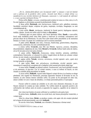 „De la „lumina-fără-sfârşit care înconjoară vidul” a emanat o rază de lumină
care a pătruns de la periferie către centru. Această rază (Kav) a voinţei divine s-a
manifestat la zece niveluri distincte de Emanaţie, cunoscute (...) sub numele de sefiroturi
(...) care exprimă Atributele Divine.”70
Prima sefiră, Keter, coroana, conştiinţa pură conţine tot ceea ce a fost, este şi va fi,
Ea este legătura cu divinitatea ascunsă în profunzimile fiinţei.
A doua sefiră, Hockmah, este înţelepciunea, intelectul activ, gândirea creatoare,
facultăţile emisferei drepte, sclipirea de geniu, inspiraţia, revelaţia, imaginaţia; ea este
contrabalansată de
a treia sefiră, Binah, inteligenţa, intelectul în formă pasivă, înţelegerea raţiunii,
tradiţia, ideaţia. Aceste trei sefire sunt în relaţie cu Devenirea.
Urmează apoi un punct delicat, este locul Spiritului Sfânt, Daath, o non-sefiră,
locul unde inefabilul poate intra liber pentru a interveni în existenţă, cunoaşterea care
provine direct de la Dumnezeu. Ea este fiica celor două sefire precedente şi de asemenea
Intuiţia cu I mare. Ea poate să-i conducă pe unii la scrierea automată.
A patra sefiră, Hessed, este mila, clemenţa, bunăvoinţa, generozitatea, dragostea,
comunicarea, mărinimia. Ea este contrabalansată de
a cincia sefiră, Gvourah, (sau Din sau Pahad), rigoarea, justeţea, disciplina,
discernământul, stăpânirea de sine. Între Hessed şi Gvourah, trebuie luată calea de mijloc,
să nu fii nici prea sever nici prea clement.
A şasea sefiră, Tiphereth, frumuseţea, inima inimilor, armonia, echilibrul,
contemplarea frumosului, se situează în centru. Legată direct de Keter pe coloana voinţei
divine, ea este situată, cu precedentele, în Fiinţă.
A şaptea sefiră, Netsah, victoria, eternitatea, nivelul operativ activ, ajută să-ţi
invingi temerile şi dorinţele.
A opta sefiră, Hod, este splendoarea, reverberaţia, nivelul operativ pasiv,
renunţarea la superficial, acceptarea de a îndeplini rolul asumat prin destin după lege.
A noua sefiră, Yessod, pe pilonul central, Fundamentul, este locul purităţii sexuale
şi de asemenea, al ego-ului. Loc al voinţei noastre, a ceea ce trebuie să facem, ea este
situată cu celelalte două precedente în Avere.
A zecea sefiră, Malkuth, regatul unde fulgerul voinţei divine şi cu lumina sa atinge
pământul, este regatul lui Dumnezeu, prezenţa aspectului feminin al divinului în noi, în
materie; ea este sinteza tuturor celorlate sefire. Ea poate să fie percepută de către toţi,
atunci ceilalţi vor cere o luare de atitudine, o evoluţie personală pentru a fi percepuţi.
Fiecare sefiră le conţine pe celelalte ca în cele cinci elemente chinezeşti, în care
fiecare element le conţine pe toate celelalte. Nu vorbim decât de aspectele pozitive ale
sefiroturilor dar trebuie ştiut că există şi aspectele lor negative, capabile să ne inducă în
eroare.
Am văzut mai înainte că aceste sefiroturi se combină în cele patru lumi.
În prima lume, Atsilouth, nimic nu există încă, este lumea principiilor imateriale, a
voinţei pure.
Abia în a doua lume, Briah, se produce creaţia, cele şapte zile ale creaţiei plecând
de la lumea divină preexistentă, cea a lui Atsilouth.
În cea de a treia lume, Yetsirah, cea a formării, Dumnezeu a format omul.
70
Z'ev ben SHIMON HALEVI, Cabala, ed. Seuil.
123
 