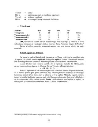Yod-ul → capul
Hei-ul → centura scapulară şi membrele superioare
Vav-ul → coloana vertebrală
Hei-ul → centura pelviană şi membrele inferioare
♦ Valorile sale
Numele Yod Hei Vav Hei
Tetragrama Y H V H 4 litere
Valoarea exoterică 10 5 6 5 26
Valoare ezoterică 18 8 9 8 43
Valoare secretă 171 36 45 36 288
288, valoarea sa secretă este un număr magic prin excelenţă, şi referitor la acest
subiect este interesant de văzut opera lui Léo-Georges Barry, Numerele Magice de Nucleu.8
Pentru a înţelege numerica anatomiei noastre vom avea nevoie ulterior de toate
numerele.
Cele 10 aspecte ale divinului.
Se spune în tradiţia Kabbalistică, bazându-se pe Thora, că divinul se manifestă sub
10 aspecte, 10 calităţi, numite sephiroth (la singular sephira). Aceste 10 sephiroth aranjate
într-o ordine particulară constituie prin analogie ceea ce se va chema arborele vieţii.
Aceste 10 etape sunt valoarea secretă a lui 4, expresie a numelui din 4 litere, ceea
ce noi vom regăsi mai departe cu Sfânta şi Divina Tetractys a Pitagoricienilor :
4 = 10. (4 + 3 + 2 + 1).
Cele 10 Sephiroth se vor manifesta prin ceea ce textele numesc fulgerul strălucitor,
de la lumina primită prin prima sephiră Keter, coroana primului receptacul al emanaţiei
luminoase infinite (Ain Soph Aur) şi până la a 10-a sephira Malkuth, regatul, sinteza
tuturor celorlalte Sephitoth, prezenţa reală a lui Dumnezeu în creaţie. În textele kabbalistice
se face vorbire de a 11-a calitate numită Daath, calificată drept non-Sephira în legăură cu
cunoaşterea şi o dimensiune superioară, aceea a Gnozei lui Dumnezeu.
8
Léo-Georges Barry, Les Nombres Magiques Nucléaires éditions Deroy
23
 
