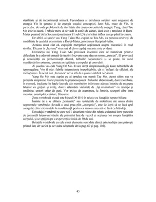 sterilitate şi de incontinenţă urinară. Fecundarea şi derularea sarcinii sunt asigurate de
energia Yin în general şi de energia vasului concepţiei, Jenn Mo, mare de Yin, în
particular, de unde problemele de sterilitate din cauza excesului de energie Yang, când Tou
Mo este în cauză. Trebuie mers să se vadă în astfel de cazuri, dacă este o tensiune în Dura-
Mater pornind de la Sacrum (joncţiunea S1 sub L5) şi al cărui influx merge până la craniu.
De altfel, al şasele vas Yang Tsiao Mo, cuplat cu Tou Mo, va provoca restricţii de
mobilitate la cealaltă extremitate a Durei-Mater, joncţiunea Occipital-Atlas.
Aceasta arată clar că, cuplajele energetice acţionează asupra mecanicii în mod
similar. Ele pun în „leziune” structuri al căror cuplaj mecanic este evident.
Disfuncţia lui Yang Tsiao Mo provoacă insomnii care se manifestă printr-o
dificultate în a adormi urmată de treziri frecvente care dau un somn „punctat”. El provoacă
şi nervozităţi cu predominanţă diurnă, tulburări locomotorii şi se poate, în cazul
manifestărilor extreme, constata o rigiditate a corpului şi convulsii.
Al şaselea vas este Yang Oe Mo. El are drept simptomatologie toate tulburările de
termoreglare. Vor fi stări febrile intermitente inexplicabile, cât şi bufeuri de căldură ale
menopauzei. În acest caz „leziunea” se va afla la a şasea vertebră cervicală.
Yang Oe Mo este cuplat cu al optulea vas numit Tae Mo. Acest ultim vas va
prezenta simptome foarte prezente la premenopauză : balonări abdominale, dureri lombare,
în centură, iradiante în feţele laterale ale membrelor inferioare adesea însoţite de migrene
laterale cu greţuri şi vertij, dureri articulare variabile de „tip reumatism” cu crampe şi
tendinite, uneori crize de gută. Vor exista de asemenea, la femeie, scurgeri albe între
menstre, constipări, chisturi, fibroame.
Zona vertebrală vizată este blocul D9-D10 în relaţie cu funcţiile hepato-biliare.
Înainte de a se elibera „leziunile” sau restricţiile de mobilitate ale unuia dintre
segmentele vertebrale, dovadă a unui prea plin „energetic”, este de dorit să se facă apel
energetic către elementele în insuficienţă pentru ca armonizarea să se facă cu blândeţe.
Decodajul vertebral pe care noi îl descriem reiese din relaţia existentă între punctele
de comandă latero-vertebrale ale primului lanţ de vezică şi acţiunea lor asupra funcţiilor
corpului, şi se sprijină pe o experienţă clinică de 30 de ani.
Relaţiile vertebrale cu cele cinci elemente sunt date direct prin tradiţia care priveşte
primul lanţ de vezică (a se vedea schemele de la pag. 60 şi pag. 102).
45
 