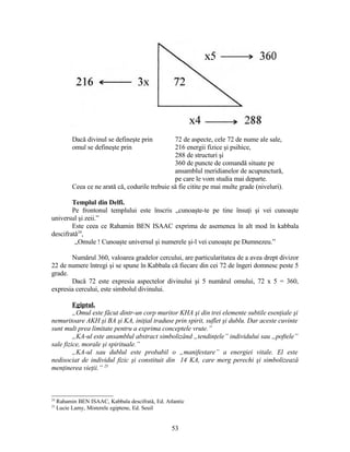 Dacă divinul se defineşte prin 72 de aspecte, cele 72 de nume ale sale,
omul se defineşte prin 216 energii fizice şi psihice,
288 de structuri şi
360 de puncte de comandă situate pe
ansamblul meridianelor de acupunctură,
pe care le vom studia mai departe.
Ceea ce ne arată că, codurile trebuie să fie citite pe mai multe grade (niveluri).
Templul din Delfi.
Pe frontonul templului este înscris „cunoaşte-te pe tine însuţi şi vei cunoaşte
universul şi zeii.”
Este ceea ce Rahamin BEN ISAAC exprima de asemenea în alt mod în kabbala
descifrată24
,
„Omule ! Cunoaşte universul şi numerele şi-l vei cunoaşte pe Dumnezeu.”
Numărul 360, valoarea gradelor cercului, are particularitatea de a avea drept divizor
22 de numere întregi şi se spune în Kabbala că fiecare din cei 72 de îngeri domnesc peste 5
grade.
Dacă 72 este expresia aspectelor divinului şi 5 numărul omului, 72 x 5 = 360,
expresia cercului, este simbolul divinului.
Egiptul.
„Omul este făcut dintr-un corp muritor KHA şi din trei elemente subtile esenţiale şi
nemuritoare AKH şi BA şi KA, iniţial traduse prin spirit, suflet şi dublu. Dar aceste cuvinte
sunt mult prea limitate pentru a exprima conceptele vrute.”
„KA-ul este ansamblul abstract simbolizând „tendinţele” individului sau „poftele”
sale fizice, morale şi spirituale.”
„KA-ul sau dublul este probabil o „manifestare” a energiei vitale. El este
nedisociat de individul fizic şi constituit din 14 KA, care merg perechi şi simbolizează
menţinerea vieţii.” 25
24
Rahamin BEN ISAAC, Kabbala descifrată, Ed. Atlantic
25
Lucie Lamy, Misterele egiptene, Ed. Seuil
53
 