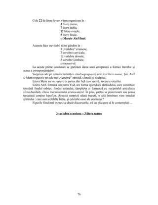 Cele 22 de litere le-am văzut organizate în :
3 litere mame,
7 litere duble,
12 litere simple,
5 litere finale,
şi Marele Alef final.
Aceasta face inevitabil să ne gândim la :
3 „vertebre” craniene,
7 vertebre cervicale,
12 vertebre dorsale,
5 vertebre lombare,
şi sacrum-ul.
La aceste prime constatări se grefează ideea unei comparaţii a formei literelor şi
aceea a corespondenţelor.
Surpriza este pe măsura încântării când suprapunem cele trei litere mame, Şin, Alef
şi Mem respectiv pe cele trei „vertebre” etmoid, sfenoid şi occipital.
Litera Mem are o creştere în partea din faţă ca o seceră, secera creierului.
Litera Alef, formată din patru Yod, are forma splendorii sfenoidului, care constituie
totodată fondul orbitei, fondul palatului, tâmplelor şi formează cu occipitalul articulaţia
sfeno-bazilară, cheia mecanismului cranio-sacral. În plus, partea sa posterioară sau şeaua
turcească conţine hipofiza. Această surpriză odată trecută, o altă întrebare vine imediat
spiritului : care sunt celelalte litere, şi celelalte oase ale craniului ?
Figurile fiind mai expresive decât discursurile, vă las plăcerea să le contemplaţi ...
3 vertebre craniene – 3 litere mame
76
 