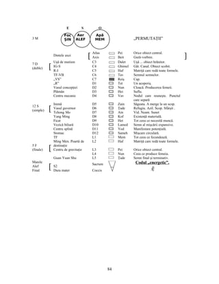 3 M
E S O
„PERMUTAŢII”
7 D
(duble) [
Dintele axei [
Atlas Pei Orice obiect central.
]Axis Beit Gură-vorbire.
Uşă de mutism C3 Dalet Uşă ... obiect hrănitor.
IG-S C4 Ghimel Gât. Canal. Obiect scobit.
R-I C5 Haf Matriţă care redă toate formele.
TF-VB C6 Tav Semnul semnelor.
„VS” C7 Reiş Cap.
12 S
(simple) [
„R” D1 Tet Un acoperiş.
Vasul concepţiei D2 Nun Cloacă. Producerea femeii.
Plămân D3 Hei Suflu.
Centru mecanic D4 Vav Nodul care reuneşte. Punctul
care separă
Inimă D5 Zain Săgeata. A merge la un scop.
Vasul guvernor D6 Ţade Refugiu. Azil. Scop. Sfârşit .
Tchong Mo D7 Ain Vid. Neant. Sunet
Yang Ming D8 Kof Existenţă materială.
Ficat D9 Het Tot ceea ce necesită muncă.
Vezică biliară D10 Lamed Semn al mişcării expansive.
Centru splină D11 Yod Manifestare potenţială.
Stomac D12 Sameh Mişcare circulară.
5 F
(finale) [
TF L1 Mem Tot ceea ce fecundează.
Ming Men. Poartă de
destinaţie
L2 Haf Matriţă care redă toate formele.
Centru de gravitaţie L3 Pei Orice obiect central.
L4 Nun Ceea ce produce femeia.
Guan Yuan Shu L5 Ţade Semn final şi terminativ.
Marele
Alef
Final
[ Sacrum Codul „energetic”.
S2
Dura mater Coccis
84
Apă
MEM
Foc
ŞIN
Aer
ALEF
 