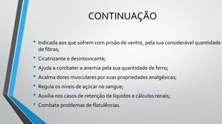 CONTINUAÇÃO
• Indicada aos que sofrem com prisão de ventre, pela sua considerável quantidade
de fibras;
• Cicatrizante e desintoxicante;
• Ajuda a combater a anemia pela sua quantidade de ferro;
• Acalma dores musculares por suas propriedades analgésicas;
• Regula os níveis de açúcar no sangue;
• Auxilia nos casos de retenção de líquidos e cálculos renais;
• Combate problemas de flatulências.
 