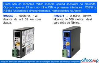 Estes são os menores rádios modem  spread spectrum  do mercado. Ocupam apenas 23 mm no trilho DIN e possuem interfaces  RS232 e RS485 funcionando simultaneamente. Homologados na Anatel. RM2060  - 900MHz, 1W,  alcance de até 32 km com visada. RM2071  – 2.4GHz, 50mW, alcance de 500 metros. Ideal para chão de fábrica. 