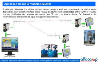 A principal utilização dos rádios modem dessa categoria está na comunicação de dados entre dispositivos que utilizam interface serial RS232 ou RS485 com velocidades entre 1.200 e 115.200 bps em distâncias de dezenas de metros até 32 km com visada direta. Ex: telemetria de reservatórios e elevatórias de água e esgoto no saneamento.  Aplicação do rádio modem RM2060 serial serial serial Elevatória de água Reservatório CLP CLP Centro de controle 