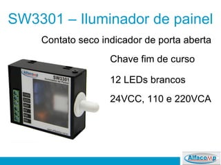 SW3301 – Iluminador de painel
12 LEDs brancos
Chave fim de curso
24VCC, 110 e 220VCA
Contato seco indicador de porta aberta
 