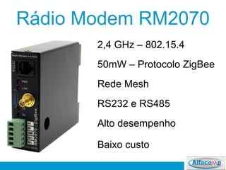 Rádio Modem RM2070
2,4 GHz – 802.15.4
50mW – Protocolo ZigBee
Rede Mesh
RS232 e RS485
Alto desempenho
Baixo custo
 