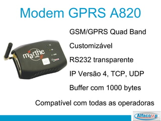 Modem GPRS A820
GSM/GPRS Quad Band
Customizável
RS232 transparente
IP Versão 4, TCP, UDP
Buffer com 1000 bytes
Compatível com todas as operadoras
 
