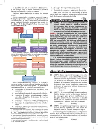 NoçõesdeAdministraçãoFinanceiraeOrçamentária53
A questão está em se determinar didaticamen-
te em quantas fases se divide esse ciclo, o que traz
diversas configurações, conforme o autor�
Vejamos alguns exemplos de ciclos em sentido
amplo�
Uma representação estática do processo integra-
do de planejamento e orçamento é apresentada por
Giacomoni (2007, p� 209)17
, em que o autor adiciona os
planos nacionais, regionais e setoriais dos artigos 21,
IX e 165, § 4, da Constituição Federal à estrutura do
sistema PPA/LDO/LOA.
Plano
Plurianual -
PPA
Planos nacionais,
regionais e setoriais
Controle e avaliação da
execução orçamentária
e ﬁnanceira
Lei de Diretrizes
Orçamentárias -
LDO
Discussão, votação e
aprovação da Lei
Orçamentária Anual
Elaboração da proposta
orçamentária anual -
LOA
Execução
orçamentária e
ﬁnanceira
Para Vander Gontijo18
, em trabalho publicado no
site da Câmara dos Deputados, o ciclo integrado de pla-
nejamento e orçamento é como se segue:
Plano Plurianual - PPA
Planos nacionais,
regionais e setoriais
Controle e avaliação da
execução orçamentária e
ﬁnanceira
Lei de diretrizes
orçamentárias - LDO
Execução
orçamentária e
ﬁnanceira
Elaboração da proposta
orçamentária anual - LOA
Discussão, votação e
aprovação da lei
orçamentária anual
Para Osvaldo Maldonado Sanches19
, o ciclo orça-
mentário - dadas as amarrações articuladas pelo texto
constitucional, em especial no seu art� 166, § 3º, I e § 4º
-, passa a desdobrar-se em oito fases, quais sejam:
˃ Formulação do planejamento plurianual, pelo
Executivo;
˃ Apreciaçãoeadequaçãodoplano,peloLegislativo;
˃ Proposição de metas e prioridades para a admi-
nistração e da política de alocação de recursos
pelo Executivo;
˃ Apreciação e adequação da LDO, pelo Legislativo;
˃ Elaboração da proposta de orçamento, pelo Exe-
cutivo;
˃ Apreciação, adequação e autorização legislativa;
17  Giacomoni apud Sousa, Francisco Hélio. Orçamentos e Sistemas
de Informação sobre a Administração Financeira Pública� Disponí-
vel em http://www.tesouro.fazenda.gov.br/premio_TN/XIIIpremio/
sistemas/2tosiXIIIPTN/Carater_Impositivo_Lei_Orcamentaria.pdf
18  Instrumentos de Planejamento e Orçamento. Dipsonível em http://
www2.camara.gov.br/atividade-legislativa/orcamentobrasil/cidadao/
entenda/cursopo/planejamento.html.
19 Sanches, Osvaldo Maldonado. O Ciclo Orçamentário: Uma Reavaliação à
Luz da Constituição de 1988�
˃ Execução dos orçamentos aprovados;
˃ Avaliação da execução e julgamento das contas�
Para o autor, tais fases são insuscetíveis de agluti-
nação, dado que cada uma possui ritmo próprio, finali-
dade distinta e periodicidade definida�
01. (CESPE) É de responsabilidade do governador do
Espírito Santo o envio, ao Congresso Nacional,
de mensagem para propor modificações nas
dotações orçamentárias destinadas ao estado,
desde que não tenha sido iniciada a votação do
orçamento na Comissão Mista do Orçamento.
ERRADO. Os ciclos orçamentários dos entes federa-
tivos, União, Estados, Distrito Federal e município,
são independentes, com cada ente elaborando seus
próprios instrumentos orçamentários, PPA, LDO e
LOA. As competências dos poderes relacionadas a
esses instrumentos, vistas em capítulos anteriores,
também são independentes em cada esfera federati-
va. Assim, o governador não interferirá no processo
orçamentário da União, bem como o Presidente da
República também não interferirá no processo orça-
mentário dos estados e municípios, pois suas compe-
tências estão relacionadas ao processo orçamentário
do seu ente federativo. Dessa forma a questão estaria
correta se estivesse assim grafada:
“É de responsabilidade do governador do Espírito
Santo o envio, à Assembleia Legislativa desse estado,
de mensagem para propor modificações nas dotações
orçamentárias destinadas ao estado, desde que não
tenha sido iniciada a votação do na Comissão do Orça-
mento da parte que o mesmo deseja alterar”.
01. (CESPE) O ciclo orçamentário dos governos esta-
duais inicia-se com a aprovação da LDO, que es-
tabelece as metas e prioridades para a elabora-
ção do PPA� O PPA demonstra todas as receitas e
despesas do orçamento público por um período
de quatro anos, sendo reavaliado anualmente,
junto com o orçamento público, pelas assem-
bleias legislativas�
Certo ( ) Errado ( )
02. (CESPE) É de responsabilidade do governador do
Espírito Santo o envio, ao Congresso Nacional,
de mensagem para propor modificações nas
dotações orçamentárias destinadas ao estado,
desde que não tenha sido iniciada a votação do
orçamento na Comissão Mista do Orçamento�
Certo ( ) Errado ( )
03. (CESPE) A respeito dos princípios do orçamento
público, do ciclo orçamentário e das etapas das
despesas públicas, julgue o item que se segue�
Compete integralmente à Secretaria de Orçamento
Federal (SOF) a elaboração dos orçamentos fiscal, da
seguridade social e dos investimentos das empresas
estatais não dependentes�
Certo ( ) Errado ( )
 
