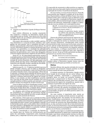 NoçõesdeAdministraçãoFinanceiraeOrçamentária87
1 1 1 2 04 10
Categoria Econômica
Origem
Espécie
Rubrica
Alínea
Subalínea
Pessoas Físicas
Impostos sobre a Renda e Proventos de Qualquer Natureza
Impostos sobre o Patrimônio e a Renda
Impostos
Receita Tributária
Receita Corrente
→ Impacto no Patrimônio Líquido (Enfoque Patrimo-
nial):
Esse critério diferencia as receitas orçamentá-
rias conforme o impacto no Patrimônio Líquido do
ente público que as recebe� Tudo dentro de uma visão
contábil, dentro de um enfoque patrimonial segundo
um regime de competência�
Para quem não entende a visão contábil, patrimo-
nial, Patrimônio é o conjunto de bens, direitos e obri-
gações de uma pessoa, com o somatório de bens e
direitos representando o Patrimônio Bruto (Ativo)� Por
sua vez, Patrimônio Líquido é a riqueza da pessoa a que
pertence um patrimônio, é o resultado da subtração
entre a soma dos bens e direitos, o Ativo (elementos
positivos do patrimônio), com a soma das obrigações,
o Passivo exigível (elementos negativos do patrimônio)�
Assim,PL=A–PE�Peloenfoquepatrimonial,receitaé
avariaçãopositivanoPatrimônioLíquido,nãoimportando
o motivo pelo qual ocorra, ou seja, mesmo não havendo
entrada de recurso financeiro, um fato pode gerar uma
receita, desde que faça variar o Patrimônio líquido posi-
tivamente,porexemplo,receberoperdãodeumadívida�
→ Vejamos o efeito desse fato contábil:
Sabemos que PL = A – P� Sabemos também que essa
dívida compõe o Passivo, pois lá estão as obrigações�
Assim, quando ela é perdoada, o valor do Passivo como
um todo é reduzido� Como, nessa operação, o Ativo não
é reduzido, o impacto dessa redução do Passivo ocorre
positivamente no Patrimônio Líquido, e esse aumento,
segundo o enfoque patrimonial do regime de compe-
tência, é uma receita, um fato modificativo aumenta-
tivo� Esse tipo de fato pode ocorrer também com uma
variação positiva no Ativo, quando, por exemplo, o ente
público recebe uma doação de um bem mesmo que�
ComonoAtivoéqueficamclassificadososbens,oele
sofre uma variação positiva e, como não há aumento do
Passivo em função desse fato, o impacto dessa variação
serárefletidapositivamentenoPatrimônioLíquido�
Já a despesa, pelo enfoque patrimonial do regime
de competência, é a redução do patrimônio líquido,
mesmoquenãohajasaídaderecursos,oupelaredução
do Ativo, ou pelo aumento do Passivo�
Pelo exposto, é fácil supor que o controle do Ativo,
doPassivo,e,consequentemente,doPatrimônioLíquido
de um ente público está diretamente relacionado à sua
capacidade para bem cumprir suas finalidades e atender
às demandas sociais, pois o ente público deve controlar
seus bens direitos e obrigações para que possa manter
seu Patrimônio Líquido estável e, se possível, melhorá-
-lo, afinal, ele pertence a toda sociedade�
Assim, a manutenção e a evolução do Patrimô-
nio Líquido deve ser motivo de monitoramento por
parte das autoridades responsáveis pelo orçamento
público, pois, a depender da forma como é conduzida,
a execução do orçamento o afeta positiva ou negativa-
mente, pois essa execução implica necessariamente na
realização da receita e incoerência de despesa�
Poressemotivo,noincisoIIIdo§2ºdoart� 4ºdaLRF,
está previsto que Integrará o projeto de Lei de Diretri-
zes Orçamentárias o Anexo de Metas Fiscais� Esse anexo
deverá conter, para o exercício a que se referirem e para
os dois seguintes, a evolução do Patrimônio Líquido do
ente público, além da demonstração dessa variação nos
últimos três exercícios, destacando a origem e a aplica-
ção dos recursos obtidos com a alienação de ativos�
Art. 4º - A Lei de diretrizes orçamentárias atenderá
o disposto no § 2º do art. 165 da Constituição e: (...)
§ 2º O Anexo conterá, ainda: (...)
III. Evolução do patrimônio líquido, também
nos últimos três exercícios, destacando a
origem e a aplicação dos recursos obtidos
com a alienação de ativos;
Diverso do enfoque patrimonial do regime de com-
petência, o enfoque orçamentário leva em conside-
ração a realização de receita no momento da entrada
de recursos financeiros, considerando como receita
orçamentária todo recurso que tenha duas caracterís-
ticas: não ter caráter devolutivo e estar disponível para
ser utilizado no financiamento de despesas públicas�
Por esse motivo, o enfoque orçamentário da receita
pública é conforme o regime de caixa, pois, segundo o
inciso I do art� 35 da Lei 4�320, pertencem ao exercício
financeiro as receitas nele arrecadas�
Art. 35 - Pertencem ao exercício financeiro:
I. As receitas nele arrecadadas;
Se a receita orçamentária é um dos elementos que
podem afetar o Patrimônio Líquido, temos mais um
critério de classificação que divide as receitas em:
Efetiva
Receitas efetivas são aquelas entradas de recursos
financeiros que provocam impacto positivo no Patri-
mônio Líquido do ente a que pertencem�
O impacto positivo no Patrimônio Líquido ocorre
em função de tal entrada não ter como reflexo uma
redução imediata, relacionada e proporcional no
próprio Ativo, ou ainda, um aumento imediato, re-
lacionado e proporcional no Passivo� Assim, receitas
efetivas são consideradas receitas, tanto sob o aspecto
patrimonial do regime de competência, quanto sob o
enfoque orçamentário do regime de caixa�
Segundo o Manual Técnico de Orçamento de 2012,
receitas correntes são aquelas arrecadadas dentro do
exercício que aumentam as disponibilidades financei-
ras do Estado, em geral com efeito positivo sobre o Pa-
trimônio Líquido�
Por esse motivo, é importante estar atento ao
efeito que uma receita corrente provoca no patrimô-
nio Líquido do ente� Tais receitas, em sua maioria, são
fatos modificativos aumentativos, já que os recursos
financeiros obtidos entram para fazer parte do Ativo
em função do aumento das disponibilidades financei-
ras, ou seja, aumento no valor de um dos elementos do
ativo, os recursos financeiros� Essa entrada geralmente
não provoca nenhuma contrapartida no Ativo, reduzin-
do-o, ou no Passivo, aumentando-o�
Exceção a essa regra é o recebimento de dívida ativa�
Tal dívida representa os valores que o particular deve ao
Estado e que foram anteriormente inscritos no Ativo do
ente público como um direito a receber� Esses valores
 
