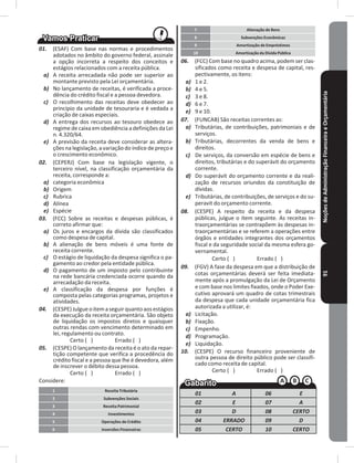 NoçõesdeAdministraçãoFinanceiraeOrçamentária91
01. (ESAF) Com base nas normas e procedimentos
adotados no âmbito do governo federal, assinale
a opção incorreta a respeito dos conceitos e
estágios relacionados com a receita pública�
a) A receita arrecadada não pode ser superior ao
montante previsto pela Lei orçamentária�
b) No lançamento de receitas, é verificada a proce-
dência do crédito fiscal e a pessoa devedora�
c) O recolhimento das receitas deve obedecer ao
princípio da unidade de tesouraria e é vedada a
criação de caixas especiais�
d) A entrega dos recursos ao tesouro obedece ao
regime de caixa em obediência a definições da Lei
n. 4.320/64.
e) A previsão da receita deve considerar as altera-
ções na legislação, a variação do índice de preço e
o crescimento econômico�
02. (CEPERJ) Com base na legislação vigente, o
terceiro nível, na classificação orçamentária da
receita, corresponde a:
a) categoria econômica
b) Origem
c) Rubrica
d) Alínea
e) Espécie
03. (FCC) Sobre as receitas e despesas públicas, é
correto afirmar que:
a) Os juros e encargos da dívida são classificados
como despesa de capital�
b) A alienação de bens móveis é uma fonte de
receita corrente�
c) O estágio de liquidação da despesa significa o pa-
gamento ao credor pela entidade pública�
d) O pagamento de um imposto pelo contribuinte
na rede bancária credenciada ocorre quando da
arrecadação da receita�
e) A classificação da despesa por funções é
composta pelas categorias programas, projetos e
atividades�
04. (CESPE)Julgueoitemaseguirquantoaosestágios
da execução da receita orçamentária� São objeto
de liquidação os impostos diretos e quaisquer
outras rendas com vencimento determinado em
lei, regulamento ou contrato�
Certo ( ) Errado ( )
05. (CESPE) O lançamento da receita é o ato da repar-
tição competente que verifica a procedência do
crédito fiscal e a pessoa que lhe é devedora, além
de inscrever o débito dessa pessoa�
Certo ( ) Errado ( )
Considere:
1 Receita Tributária
2 Subvenções Sociais
3 Receita Patrimonial
4 Investimentos
5 Operações de Crédito
6 Inversões Financeiras
7 Alienação de Bens
8 Subvenções Econômicas
9 Amortização de Empréstimos
10 Amortização da Dívida Pública
06. (FCC) Com base no quadro acima, podem ser clas-
sificados como receita e despesa de capital, res-
pectivamente, os itens:
a) 1 e 2�
b) 4 e 5�
c) 3 e 8�
d) 6 e 7�
e) 9 e 10�
07. (FUNCAB) São receitas correntes as:
a) Tributárias, de contribuições, patrimoniais e de
serviços�
b) Tributárias, decorrentes da venda de bens e
direitos�
c) De serviços, da conversão em espécie de bens e
direitos, tributárias e do superávit do orçamento
corrente�
d) Do superávit do orçamento corrente e da reali-
zação de recursos oriundos da constituição de
dívidas�
e) Tributárias, de contribuições, de serviços e do su-
peravit do orçamento corrente�
08. (CESPE) A respeito da receita e da despesa
públicas, julgue o item seguinte� As receitas in-
traorçamentárias se contrapõem às despesas in-
traorçamentárias e se referem a operações entre
órgãos e entidades integrantes dos orçamentos
fiscal e da seguridade social da mesma esfera go-
vernamental�
Certo ( ) Errado ( )
09. (FGV) A fase da despesa em que a distribuição de
cotas orçamentárias deverá ser feita imediata-
mente após a promulgação da Lei de Orçamento
e com base nos limites fixados, onde o Poder Exe-
cutivo aprovará um quadro de cotas trimestrais
da despesa que cada unidade orçamentária fica
autorizada a utilizar, é:
a) Licitação�
b) Fixação�
c) Empenho�
d) Programação�
e) Liquidação�
10. (CESPE) O recurso financeiro proveniente de
outra pessoa de direito público pode ser classifi-
cado como receita de capital�
Certo ( ) Errado ( )
01 A 06 E
02 E 07 A
03 D 08 CERTO
04 ERRADO 09 D
05 CERTO 10 CERTO
 