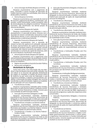 102NoçõesdeAdministraçãoFinanceiraeOrçamentária ˃ Juros e Encargos da Dívida (despesa corrente);
Despesas orçamentárias com o pagamento de
juros, comissões e outros encargos de operações de
crédito internas e externas contratadas, bem como da
dívida pública mobiliária�
˃ Outras Despesas Correntes;
Despesas orçamentárias com aquisição de material
de consumo, pagamento de diárias, contribuições, sub-
venções, auxílio-alimentação, auxílio-transporte, além
de outras despesas da categoria econômica “Despesas
Correntes” não classificáveis nos demais grupos de
natureza de despesa�
˃ Investimentos (Despesa de Capital);
Despesas orçamentárias com softwares e com o
planejamento e a execução de obras, inclusive com a
aquisição de imóveis considerados necessários à reali-
zação destas últimas, e com a aquisição de instalações,
equipamentos e material permanente�
˃ Inversões Financeiras (Despesa de Capital);
Despesas orçamentárias com a aquisição de
imóveis ou bens de capital já em utilização; aquisição
de títulos representativos do capital de empresas ou
entidades de qualquer espécie, já constituídas, quando
a operação não importe aumento do capital; e com a
constituição ou aumento do capital de empresas, além
de outras despesas classificáveis neste grupo�
˃ Amortização da Dívida (Despesa de Capital);
Despesas orçamentárias com o pagamento e/ou
refinanciamento do principal e da atualização monetá-
ria ou cambial da dívida pública interna e externa, con-
tratual ou mobiliária�
˃ RegimedeprevidênciaSocialdoServidorPúblico;
˃ Reserva de contingência�
Modalidade de Aplicação
Como visto acima, essa informação não visa iden-
tificar o tipo de despesa que está sendo realizada, mas
sim indicar se os recursos são aplicados diretamente
por órgãos ou entidades no âmbito da mesma esfera
de Governo ou por outro ente da Federação e suas
respectivas entidades, e objetiva, precipuamente, pos-
sibilitar a eliminação da dupla contagem dos recursos
transferidos ou descentralizados� Seguem as modalida-
des de aplicação com seus respectivos códigos�
˃ Transferências à União;
Despesas orçamentárias realizadas pelos Estados,
Municípios ou pelo Distrito Federal, mediante transfe-
rência de recursos financeiros à União, inclusive para
suas entidades da administração indireta�
˃ Execução Orçamentária Delegada à União;
Despesas orçamentárias realizadas mediante
transferência de recursos financeiros, decorrentes de
delegação ou descentralização à União para execução
de ações de responsabilidade exclusiva do delegante�
˃ Transferências a Estados e ao Distrito Federal;
Despesas orçamentárias realizadas mediante
transferência de recursos financeiros da União ou dos
Municípios aos Estados e ao Distrito Federal, inclusive
para suas entidades da administração indireta�
˃ Transferências a Estados e ao Distrito Federal -
Fundo a Fundo;
Despesas orçamentárias realizadas mediante
transferência de recursos financeiros da União ou dos
Municípios aos Estados e ao Distrito Federal por inter-
médio da modalidade fundo a fundo�
˃ Execução Orçamentária Delegada a Estados e ao
Distrito Federal;
Despesas orçamentárias realizadas mediante
transferência de recursos financeiros, decorrentes de
delegação ou descentralização a Estados e ao Distrito
Federal para execução de ações de responsabilidade
exclusiva do delegante�
˃ Transferências a Municípios;
Despesas orçamentárias realizadas mediante
transferência de recursos financeiros da União ou dos
Estados aos Municípios, inclusive para suas entidades
da administração indireta�
˃ Transferências a Municípios - Fundo a Fundo;
Despesas orçamentárias realizadas mediante trans-
ferência de recursos financeiros da União, dos Estados
ou do Distrito Federal aos Municípios por intermédio
da modalidade fundo a fundo�
˃ Execução Orçamentária Delegada a Municípios;
Despesas orçamentárias realizadas mediante
transferência de recursos financeiros, decorrentes
de delegação ou descentralização a Municípios para
execução de ações de responsabilidade exclusiva do
delegante�
˃ Transferências a Instituições Privadas sem Fins
Lucrativos;
Despesas orçamentárias realizadas mediante
transferência de recursos financeiros a entidades sem
fins lucrativos que não tenham vínculo com a adminis-
tração pública�
˃ Transferências a Instituições Privadas com Fins
Lucrativos;
Despesas orçamentárias realizadas mediante
transferência de recursos financeiros a entidades com
fins lucrativos que não tenham vínculo com a adminis-
tração pública�
TransferênciasaInstituiçõesMultigovernamentais;
Despesas orçamentárias realizadas mediante
transferência de recursos financeiros a entidades
criadas e mantidas por dois ou mais entes da Federa-
ção ou por dois ou mais países, inclusive o Brasil�
˃ Transferências a Consórcios Públicos;
Despesas orçamentárias realizadas mediante
transferência de recursos financeiros a entidades
criadas sob a forma de consórcios públicos nos termos
da Lei no 11�107, de 6 de abril de 2005, objetivando a
execução dos programas e ações dos respectivos entes
consorciados�
˃ Execução Orçamentária Delegada a Consórcios
Públicos;
Despesas orçamentárias realizadas mediante
transferência de recursos financeiros, decorrentes de
delegação ou descentralização a consórcios públicos
para execução de ações de responsabilidade exclusiva
do delegante�
˃ Transferências ao Exterior;
Despesas orçamentárias realizadas mediante
transferência de recursos financeiros a órgãos e enti-
dades governamentais pertencentes a outros países,
a organismos internacionais e a fundos instituídos por
diversos países, inclusive aqueles que tenham sede ou
recebam os recursos no Brasil�
 