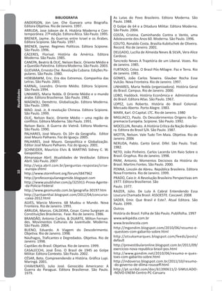 10Atualidades BIBLIOGRAFIA
ANDERSON, Jon Lee� Che Guevara uma Biografia�
Editora Objetiva� Rio de Janeiro� 1997�
ARRUDA, Jose Jobson de A� História Moderna e Con-
temporânea�27ªedição� EditoraÁtica�São Paulo� 1995�
BRENER, Jayme� As Guerras entre Israel e os Árabes�
Editora Scipione� São Paulo� 1997�
BRENER, Jayme� Regimes Políticos� Editora Scipione�
São Paulo� 1996�
CÁCERES, Florival� História da América� Editora
Moderna� São Paulo� 1985�
CANEPA, Beatriz & OLIC, Nelson Bacic� Oriente Médio e
a Questão Palestina� Editora Moderna� São Paulo� 2003�
GUEVARA, Ernesto Che� Revolução Cubana� Edições Po-
pulares� São Paulo� 1980�
HOBSBAWM, Eric� Era dos Extremos� Companhia das
Letras� São Paulo� 2001�
KARNAL, Leandro� Oriente Médio� Editora Scipione�
São Paulo�1994�
LINHARES, Maria Yedda� O Oriente Médio e o mundo
árabe� Editora Brasiliense� São Paulo� 1982�
MAGNOLI, Demétrio� Globalização� Editora Moderna�
São Paulo� 1999�
MAO� José� Jr, A revolução Chinesa� Editora Scipione�
São Paulo� 1999�
OLIC, Nelson Bacic� Oriente Médio – uma região de
conflitos� Editora Moderna� São Paulo� 1991�
Nelson Bacic� A Guerra do Vietnã� Editora Moderna�
São Paulo� 1990�
PALHARES, José Mauro� Os 10+ da Geografia� Editor
José Mauro Palhares� Foz do Iguaçu� 2005�
PALHARES, José Mauro� Geopolítica e Globalização�
Editor José Mauro Palhares� Foz do Iguaçu� 2001�
SCHNEIDER, Maurício Elvis & MARTINS Sidney C� W�
Geopolítica�
Almanaque Abril� Atualidades de Vestibular� Editora
Abril� São Paulo� 2007
http://veja�abril�com�br/perguntas-respostas/crise-
-europa�shtml
http://www�stormfront�org/forum/t847962
http://professorajulianegomide�blogspot�com
http://www�youblisher�com/p/325911-Prova-Agente-
-da-Policia-Federal
http://www�geomundo�com�br/geografia-30197�htm
http://saritaerthal�blogspot�com/2012/04/concurso-
-caixa-2012�html
ALVES, Marcio Moreira� 68 Mudou o Mundo� Nova
Fronteira� Rio de Janeiro� 1993�
ARRUDA, Marcos� CALDEIRA, Cesar� Como Surgiram as
Constituições Brasileiras� Fase� Rio de Janeiro� 1986�
BRANDÃO, Antonio Carlos� & DUARTE, Milton Fernan-
des� Movimentos Culturais da Juventude� Moderna�
São Paulo� 2004�
BUENO, Eduardo� A Viagem do Descobrimento�
Objetiva� Rio de Janeiro� 1998�
Náufragos, Traficantes e Degredados� Objetiva� Rio de
Janeiro� 1998�
Capitães do Brasil� Objetiva� Rio de Janeiro� 1999�
CASALECCHI, José Ênio� O Brasil de 1945 ao Golpe
Militar� Editora Contexto� São Paulo� 2002�
CÉSAR, Beto� Compreendendo a História� Gráfica Lupi�
Maringá� 2001�
CHIAVENATO, Julio José� Genocídio Americano: A
Guerra do Paraguai� Editora Brasiliense� São Paulo�
1979�
As Lutas do Povo Brasileiro� Editora Moderna� São
Paulo� 1988�
O Golpe de 64 e a Ditadura Militar� Editora Moderna�
São Paulo� 2004�
COSTA, Cristina� Caminhando Contra o Vento, uma
Adolescente dos Anos 60� Moderna� São Paulo� 1996�
COUTO, Ronaldo Costa� Brasília Kubitschek de Oliveira�
Record� Rio de Janeiro� 2001�
DELGADO, Lucília de Almeida Neves & SILVA, Vera Alice
Cardoso�
Tancredo Neves A Trajetória de um Liberal� Vozes� Rio
de Janeiro� 1985�
FURTADO, Celso� O Brasil Pós-Milagre� Paz e Terra� Rio
de Janeiro� 1981�
GOMES, João Carlos Teixeira� Glauber Rocha Esse
Vulcão� Nova Fronteira� Rio de Janeiro� 1997�
LINHARES, Maria Yedda (organizadora)� História Geral
do Brasil� Campus� Rio de Janeiro� 2000�
LOBO, Haddock. História Econômica e Administrativa
do Brasil� Editora Atlas� São Paulo� 1967�
LOPEZ, Luis Roberto� História do Brasil Colonial�
Mercado Aberto� Porto Alegre� 1983�
MARX, Karl� O Capital� LTC� Rio de Janeiro� 1980
MIGLIACCI, Paulo� Os Descobrimentos Origens da Su-
premacia Européia� Scipione� São Paulo� 1992�
MOCELLIN, Renato� A História Crítica da Nação Brasilei-
ra� Editora do Brasil S/A� São Paulo� 1987�
MOTTA, Nelson� Vale Tudo Tim Maia� Objetiva� Rio de
Janeiro� 2006
NERUDA, Pablo� Canto Geral� Difel� São Paulo� Trad�
1982�
NETO, João Pinheiro� Carlos Lacerda Um Raio Sobre o
Brasil� Gryphus� Rio de Janeiro� 1998�
PAIM, Antonio� Momentos Decisivos da História do
Brasil� Martins Fontes� São Paulo� 2000�
PENNA, Lincoln de Abreu� República Brasileira� Editora
Nova Fronteira� Rio de Janeiro� 1999�
PRADO, Caio Jr� A Revolução Brasileira Perspectivas em
1977� Editora Brasiliense� São
Paulo� 1977�
RAIZER, Júlio� De Lula A Cabral Entendendo Essa
Loucura Chamada Brasil� ASSOESTE� Cascavel� 2008
SADER, Emir� Que Brasil é Este?� Atual Editora� São
Paulo� 1999�
Outros
História do Brasil� Folha de São Paulo� Publifolha� 1997
www�wikipédia�com�br
www�brasilescola�com
http://mgondim�blogspot�com/2010/06/resumo-e-
-questoes-com-gabarito-sobre�html
http://otsukamarques�blogspot�com/feeds/posts/
default
http://prevestibularonline�blogspot�com�br/2011/09/
exercicios-nova-republica-brasil-pos�html
http://www�gondim�net/2010/06/resumo-e-ques-
toes-com-gabarito-sobre�html
http://indoverso�blogspot�com�br/2011/10/resumo-
-do-governo-de-dilma-rousseff�html
http://pt�scribd�com/doc/61390611/2-SIMULADO-
-NOVO-ENEM-Centro-PC-Caruaru
 