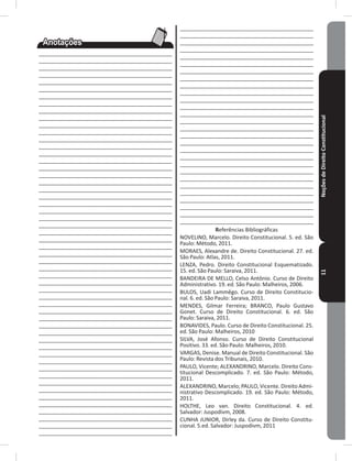 NoçõesdeDireitoConstitucional11
____________________________________________
____________________________________________
____________________________________________
____________________________________________
____________________________________________
____________________________________________
____________________________________________
____________________________________________
____________________________________________
____________________________________________
____________________________________________
____________________________________________
____________________________________________
____________________________________________
____________________________________________
____________________________________________
____________________________________________
___________________________________________
____________________________________________
____________________________________________
____________________________________________
____________________________________________
____________________________________________
____________________________________________
____________________________________________
____________________________________________
____________________________________________
____________________________________________
____________________________________________
___________________________________________
___________________________________________
___________________________________________
___________________________________________
___________________________________________
___________________________________________
___________________________________________
___________________________________________
___________________________________________
___________________________________________
___________________________________________
___________________________________________
___________________________________________
___________________________________________
___________________________________________
___________________________________________
___________________________________________
___________________________________________
___________________________________________
___________________________________________
___________________________________________
___________________________________________
___________________________________________
___________________________________________
___________________________________________
____________________________________________
____________________________________________
____________________________________________
____________________________________________
____________________________________________
____________________________________________
____________________________________________
____________________________________________
____________________________________________
____________________________________________
____________________________________________
____________________________________________
____________________________________________
____________________________________________
____________________________________________
____________________________________________
____________________________________________
____________________________________________
____________________________________________
____________________________________________
____________________________________________
____________________________________________
____________________________________________
___________________________________________
___________________________________________
____________________________________________
____________________________________________
___________________________________________
Referências Bibliográficas
NOVELINO, Marcelo� Direito Constitucional� 5� ed� São
Paulo: Método, 2011�
MORAES, Alexandre de� Direito Constitucional� 27� ed�
São Paulo: Atlas, 2011�
LENZA, Pedro� Direito Constitucional Esquematizado�
15� ed� São Paulo: Saraiva, 2011�
BANDEIRA DE MELLO, Celso Antônio� Curso de Direito
Administrativo� 19� ed� São Paulo: Malheiros, 2006�
BULOS, Uadi Lammêgo� Curso de Direito Constitucio-
nal� 6� ed� São Paulo: Saraiva, 2011�
MENDES, Gilmar Ferreira; BRANCO, Paulo Gustavo
Gonet� Curso de Direito Constitucional� 6� ed� São
Paulo: Saraiva, 2011�
BONAVIDES, Paulo� Curso de Direito Constitucional� 25�
ed� São Paulo: Malheiros, 2010
SILVA, José Afonso� Curso de Direito Constitucional
Positivo� 33� ed� São Paulo: Malheiros, 2010�
VARGAS, Denise� Manual de Direito Constitucional� São
Paulo: Revista dos Tribunais, 2010�
PAULO, Vicente; ALEXANDRINO, Marcelo� Direito Cons-
titucional Descomplicado� 7� ed� São Paulo: Método,
2011�
ALEXANDRINO, Marcelo; PAULO, Vicente� Direito Admi-
nistrativo Descomplicado� 19� ed� São Paulo: Método,
2011�
HOLTHE, Leo van� Direito Constitucional� 4� ed�
Salvador: Juspodivm, 2008�
CUNHA JUNIOR, Dirley da� Curso de Direito Constitu-
cional� 5�ed� Salvador: Juspodivm, 2011
 
